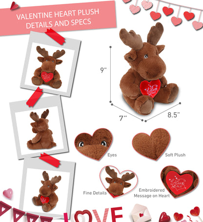 DolliBu I Love You Valentine Plush Eco-Friendly Moose with Red Heart - 9 Inches