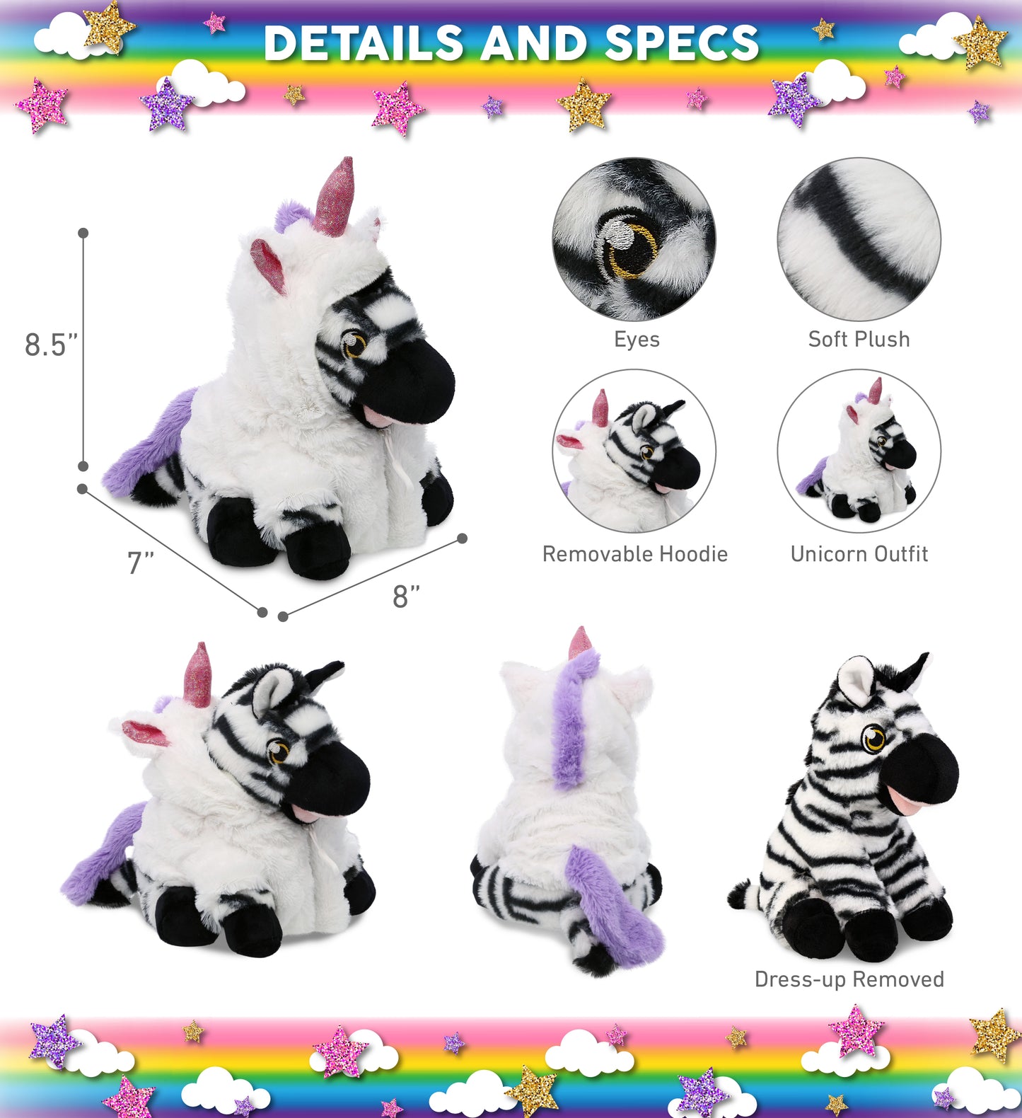 ECO FRIENDLY SUPER-SOFT PLUSH - ZEBRA 9" With Unicorn Dress Up