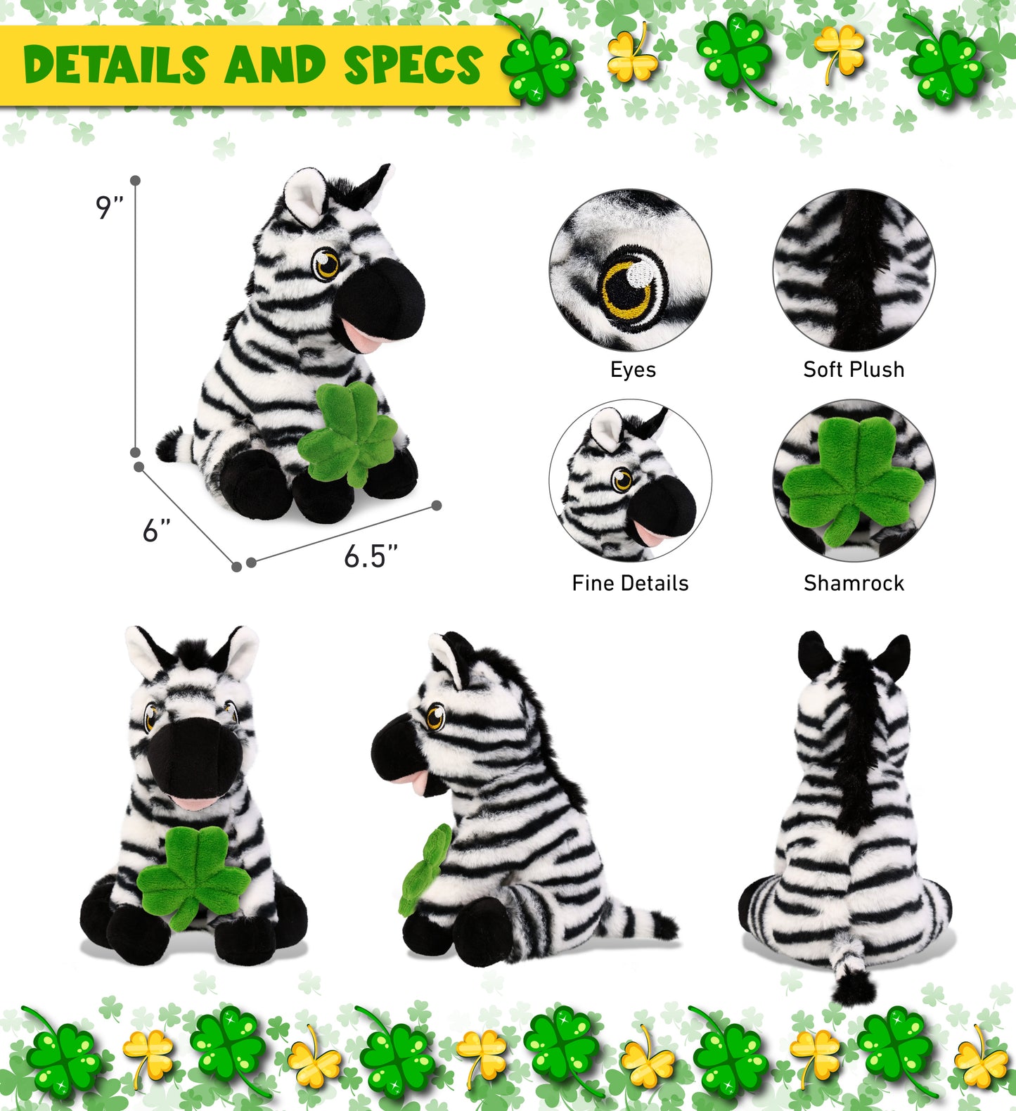 DolliBu Eco-Friendly Zebra Stuffed Animal with Green Plush Shamrock - 9 Inches