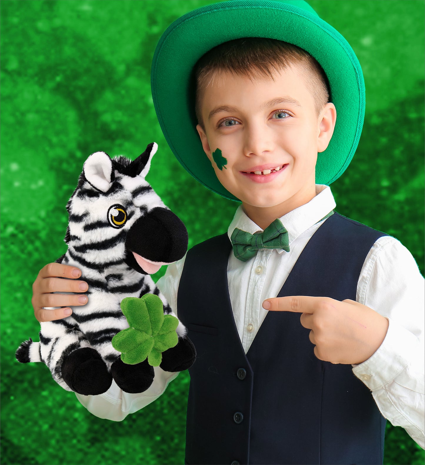 DolliBu Eco-Friendly Zebra Stuffed Animal with Green Plush Shamrock - 9 Inches