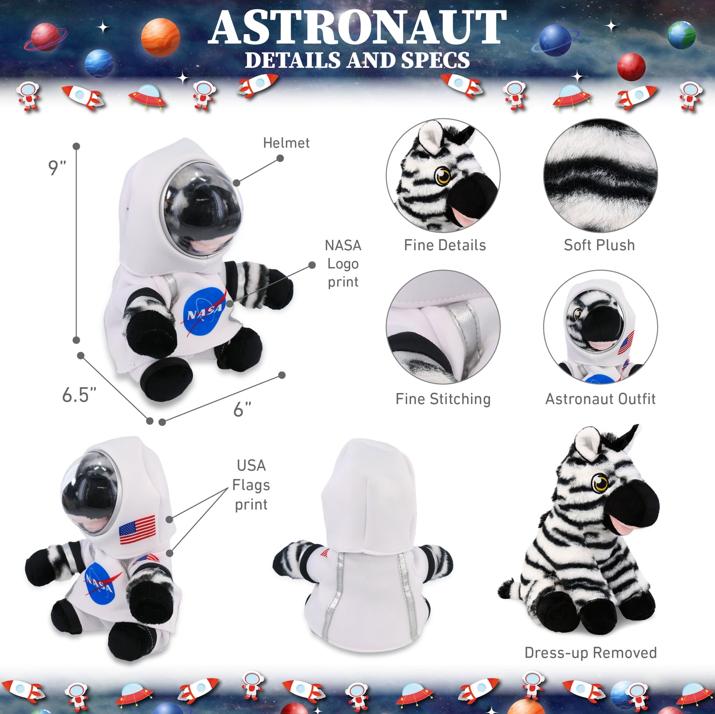 ECO FRIENDLY SUPER-SOFT PLUSH - ZEBRA 9" With Astronaut Dress Up