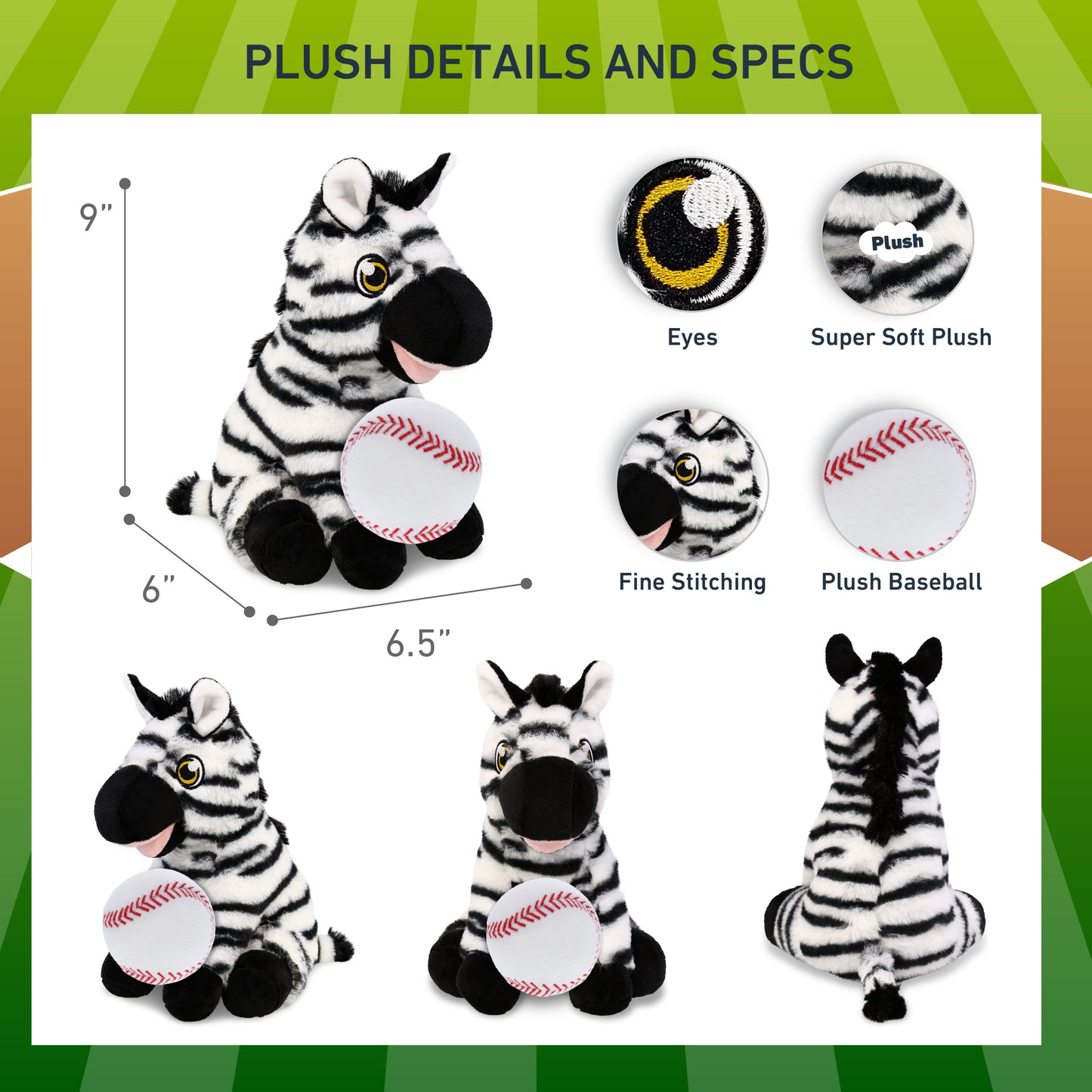 ECO FRIENDLY SUPER-SOFT PLUSH - ZEBRA 9" With Baseball Plush