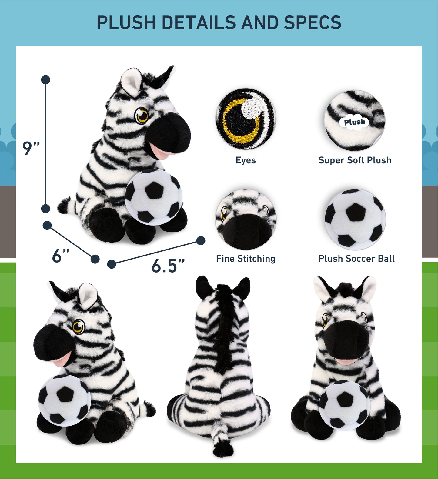 ECO FRIENDLY SUPER-SOFT PLUSH - ZEBRA 9" With Soccer Plush