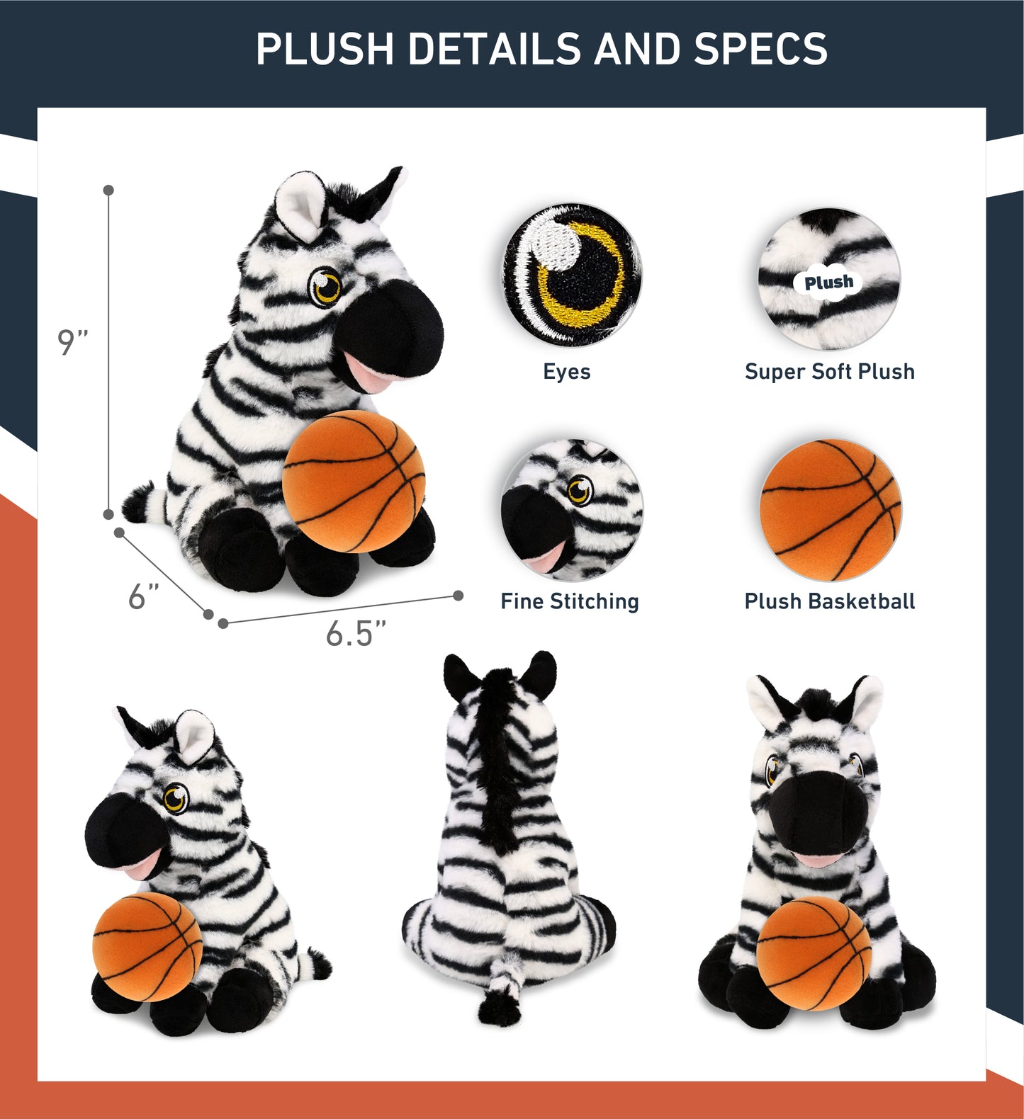 ECO FRIENDLY SUPER-SOFT PLUSH - ZEBRA 9" With Basketball Plush