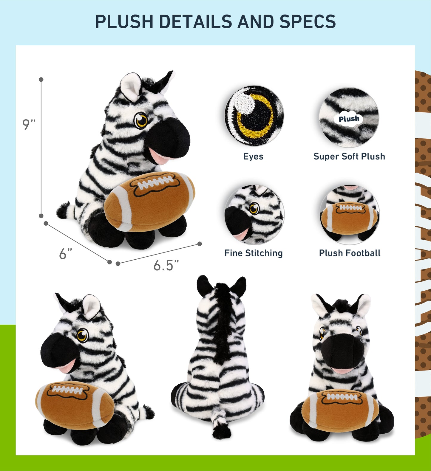 ECO FRIENDLY SUPER-SOFT PLUSH - ZEBRA 9" With Football Plush