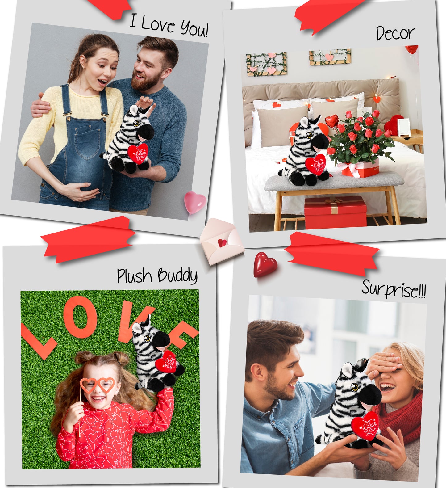 PLUSH I LOVE YOU RED HEART - ECO FRIENDLY SUPER-SOFT PLUSH - ZEBRA 9"
