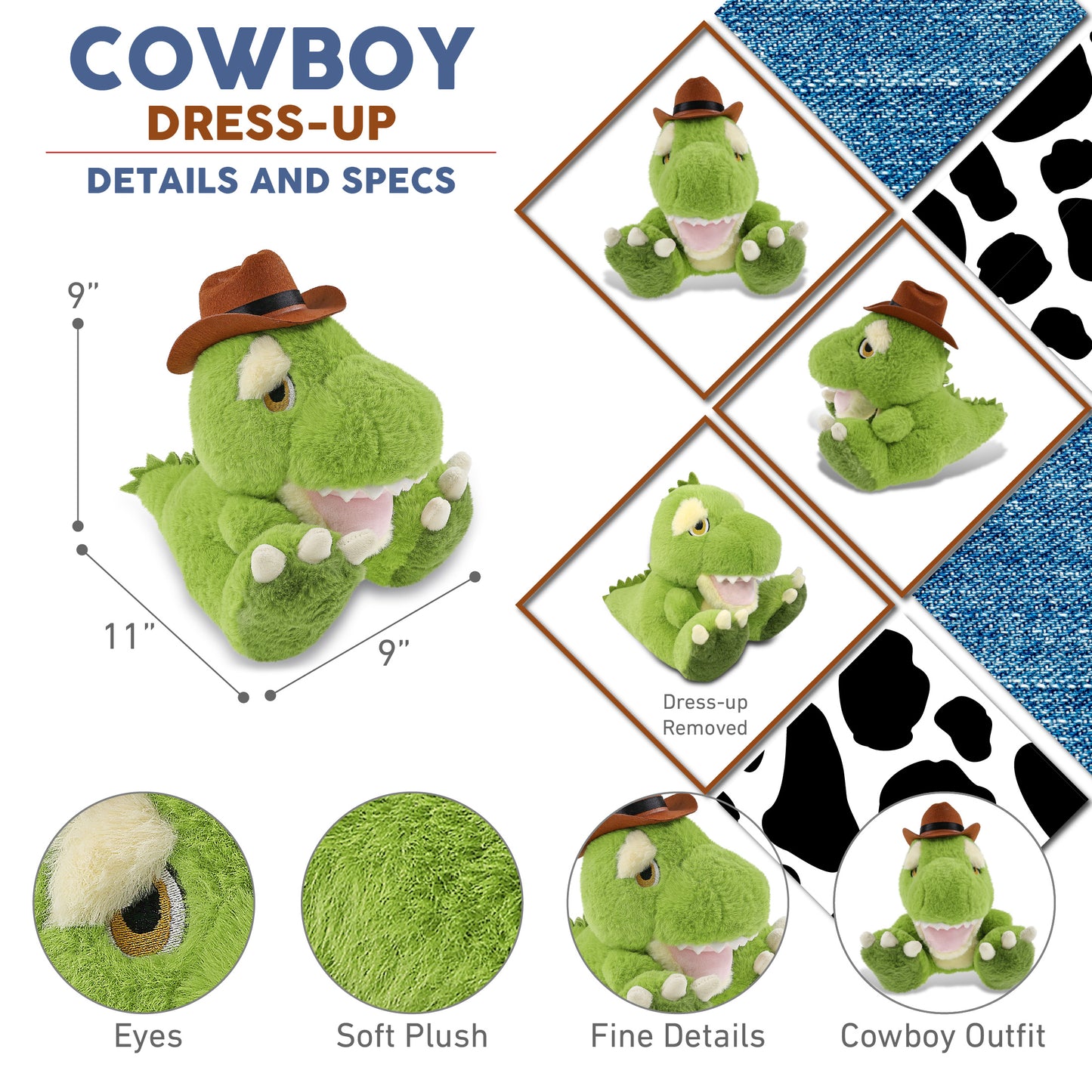 ECO FRIENDLY SUPER-SOFT PLUSH - T-REX DINOSAUR 9" COWBOY DRESS UP