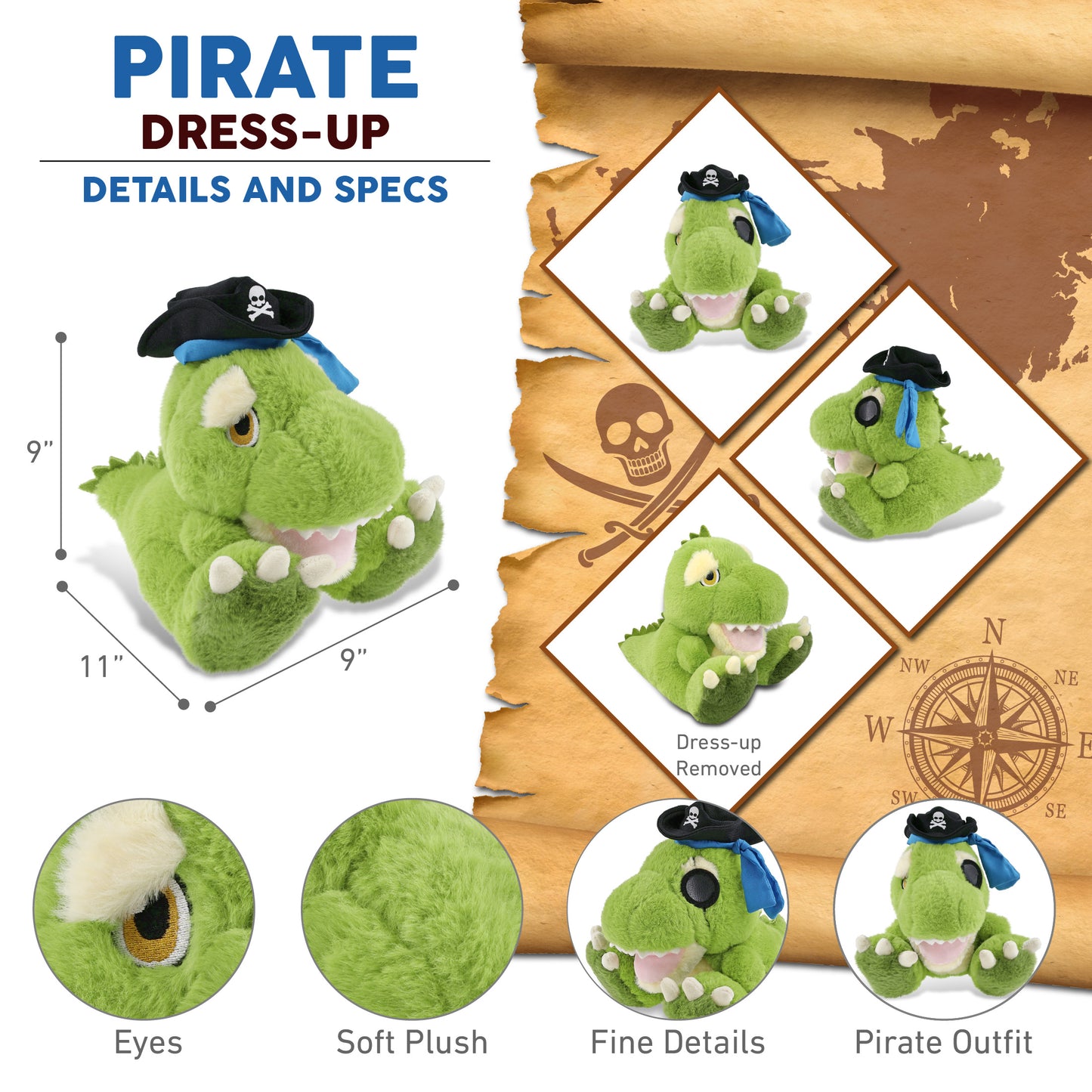 ECO FRIENDLY SUPER-SOFT PLUSH - T-REX DINOSAUR 9" PIRATE DRESS UP