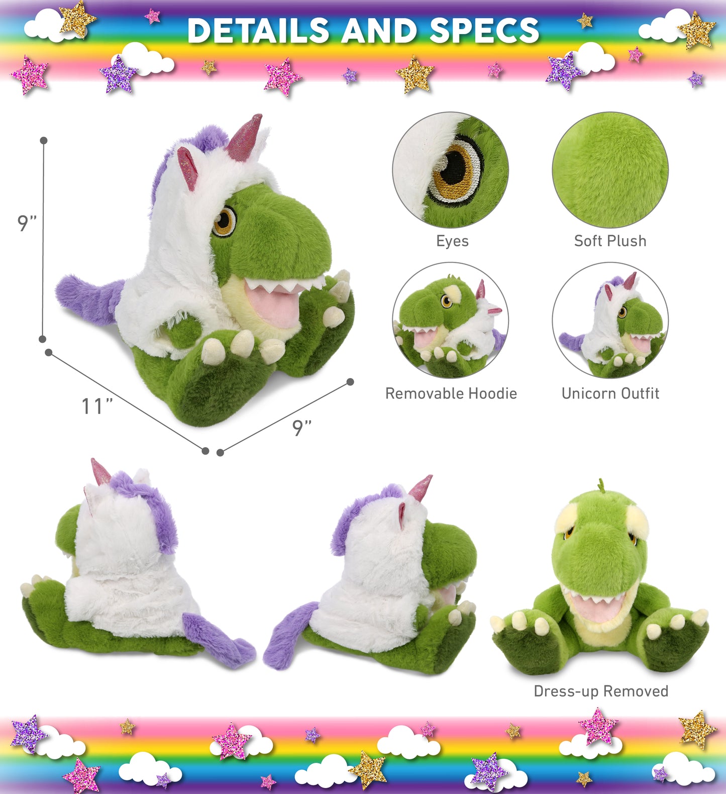 ECO FRIENDLY SUPER-SOFT PLUSH - T-REX DINOSAUR 9" With Unicorn Dress Up