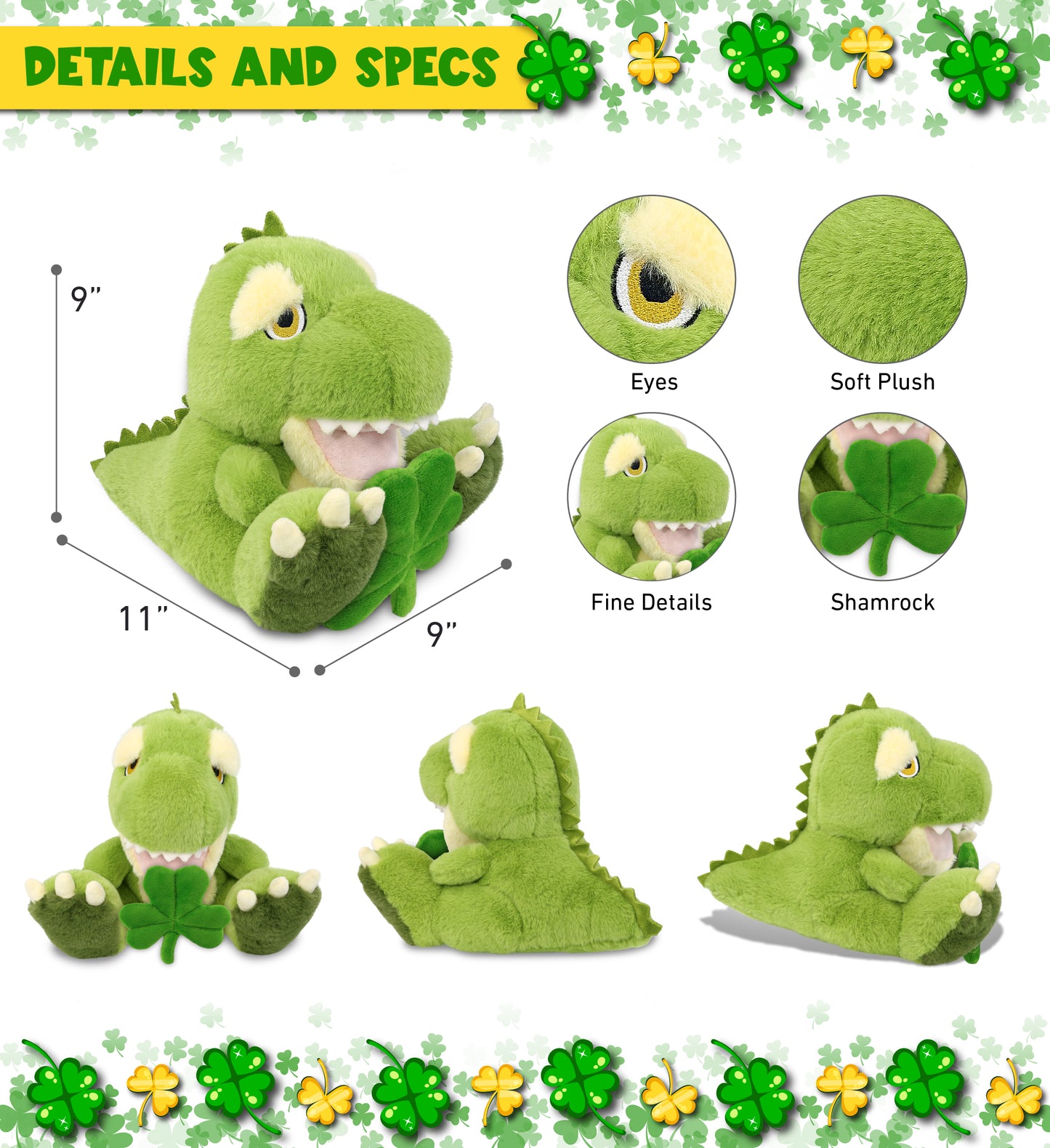 DolliBu Eco-Friendly T-Rex Dinosaur Plush with Green Plush Shamrock - 9 Inches