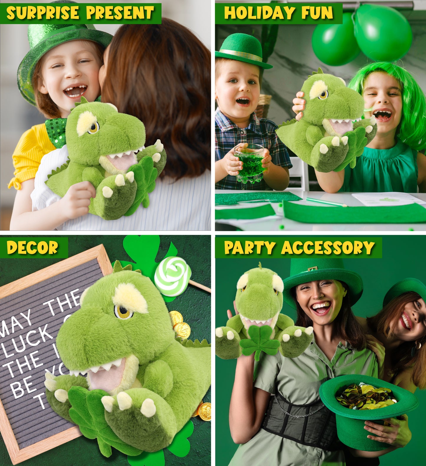 DolliBu Eco-Friendly T-Rex Dinosaur Plush with Green Plush Shamrock - 9 Inches