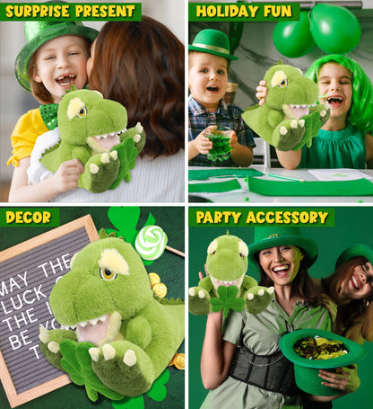 DolliBu Eco-Friendly T-Rex Dinosaur Plush with Green Plush Shamrock - 9 Inches
