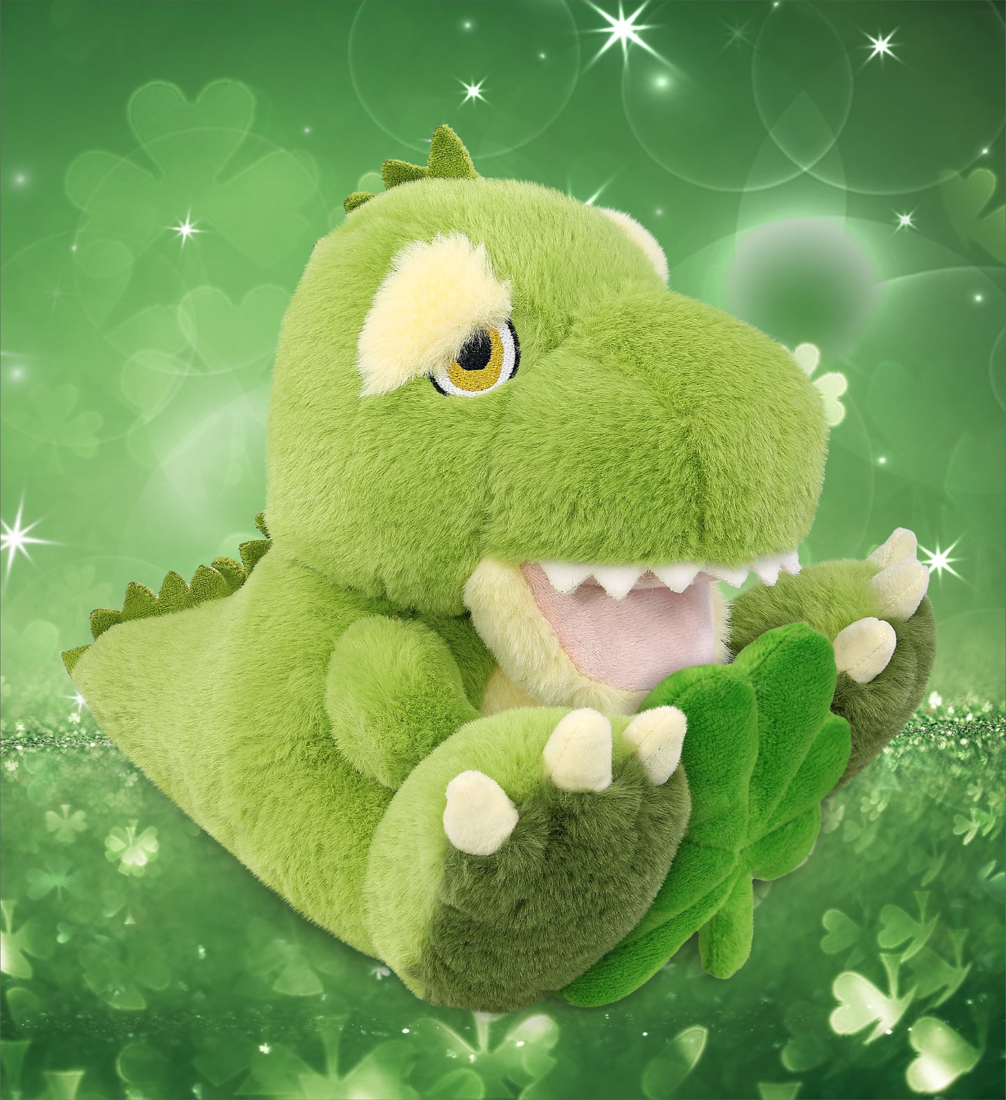 DolliBu Eco-Friendly T-Rex Dinosaur Plush with Green Plush Shamrock - 9 Inches