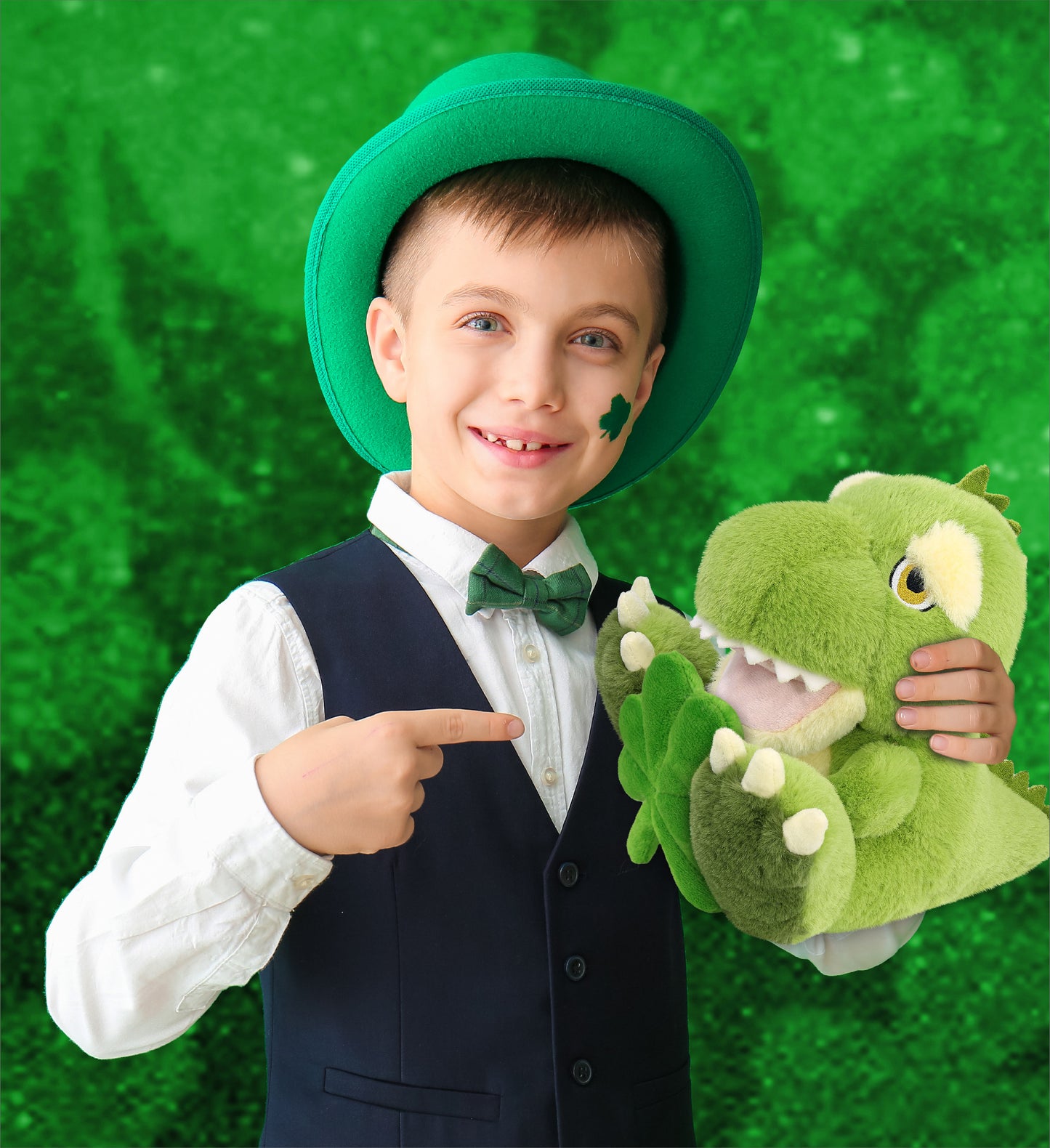 DolliBu Eco-Friendly T-Rex Dinosaur Plush with Green Plush Shamrock - 9 Inches
