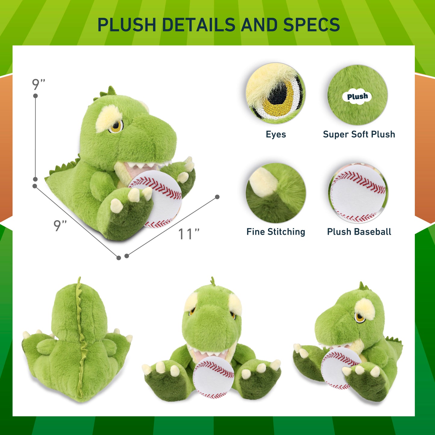 ECO FRIENDLY SUPER-SOFT PLUSH - T-REX DINOSAUR 9" With Baseball Plush