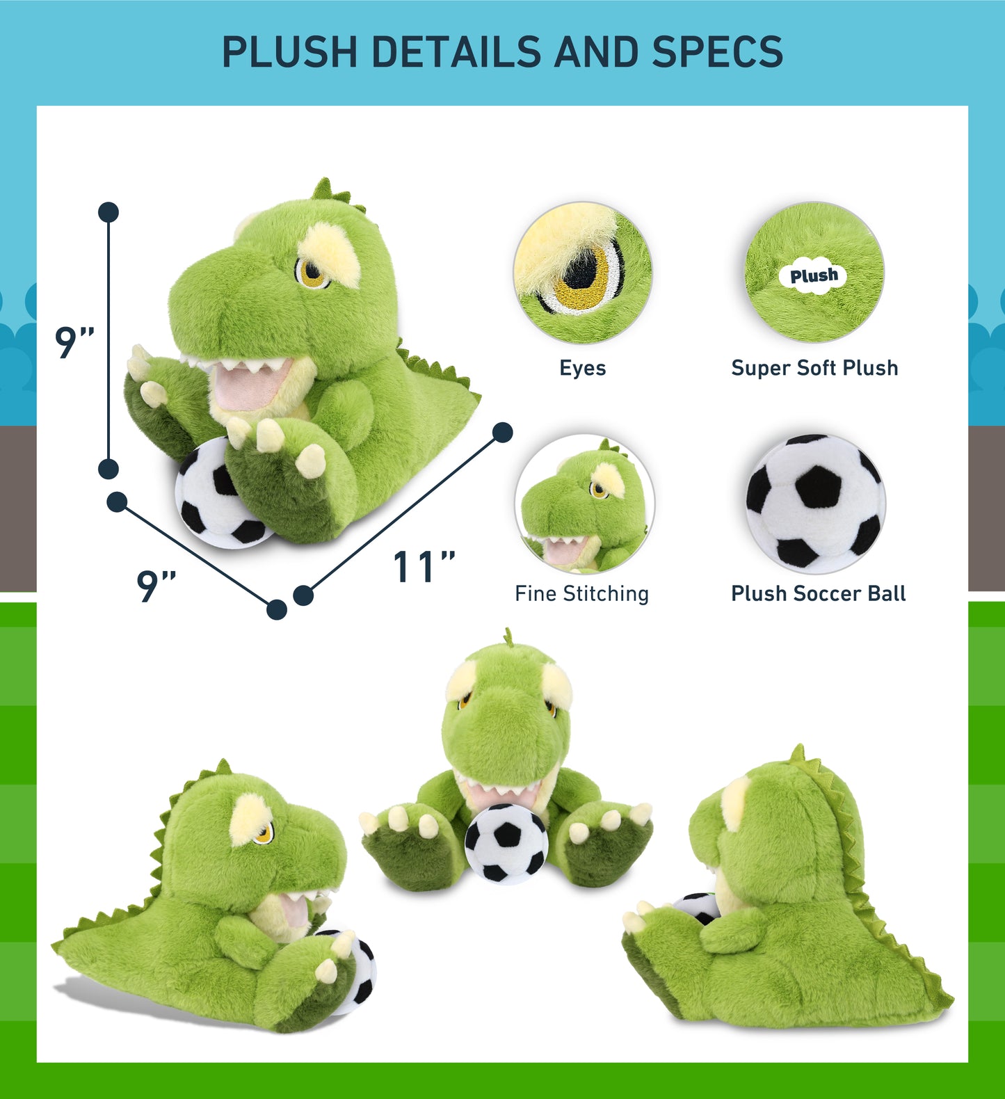 ECO FRIENDLY SUPER-SOFT PLUSH - T-REX DINOSAUR 9" With Soccer Plush