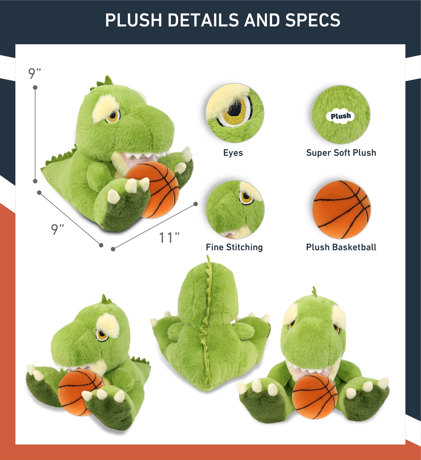 ECO FRIENDLY SUPER-SOFT PLUSH - T-REX DINOSAUR 9" With Basketball Plush