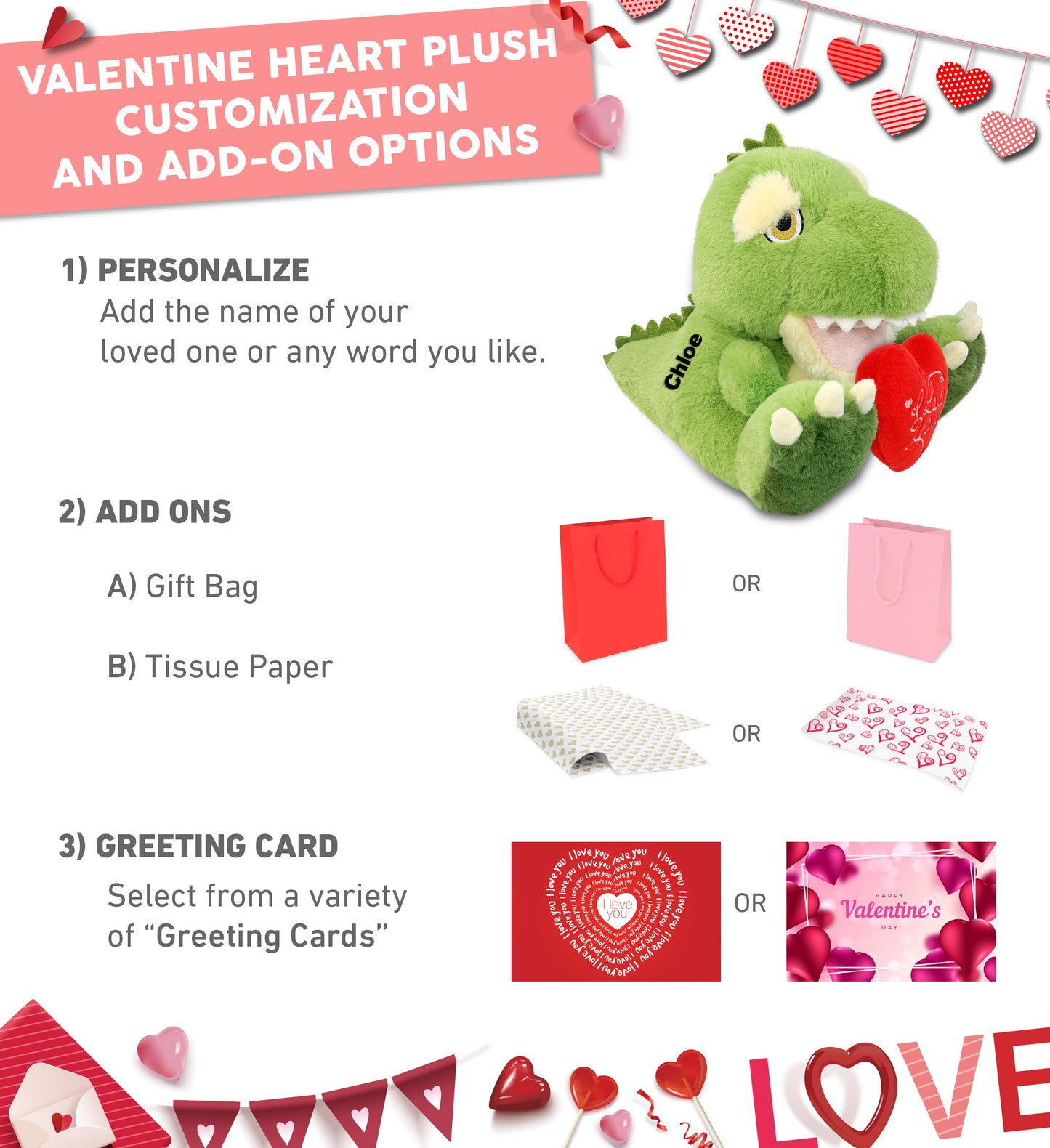 PLUSH I LOVE YOU RED HEART - ECO FRIENDLY SUPER-SOFT PLUSH - T-REX DINOSAUR 9"