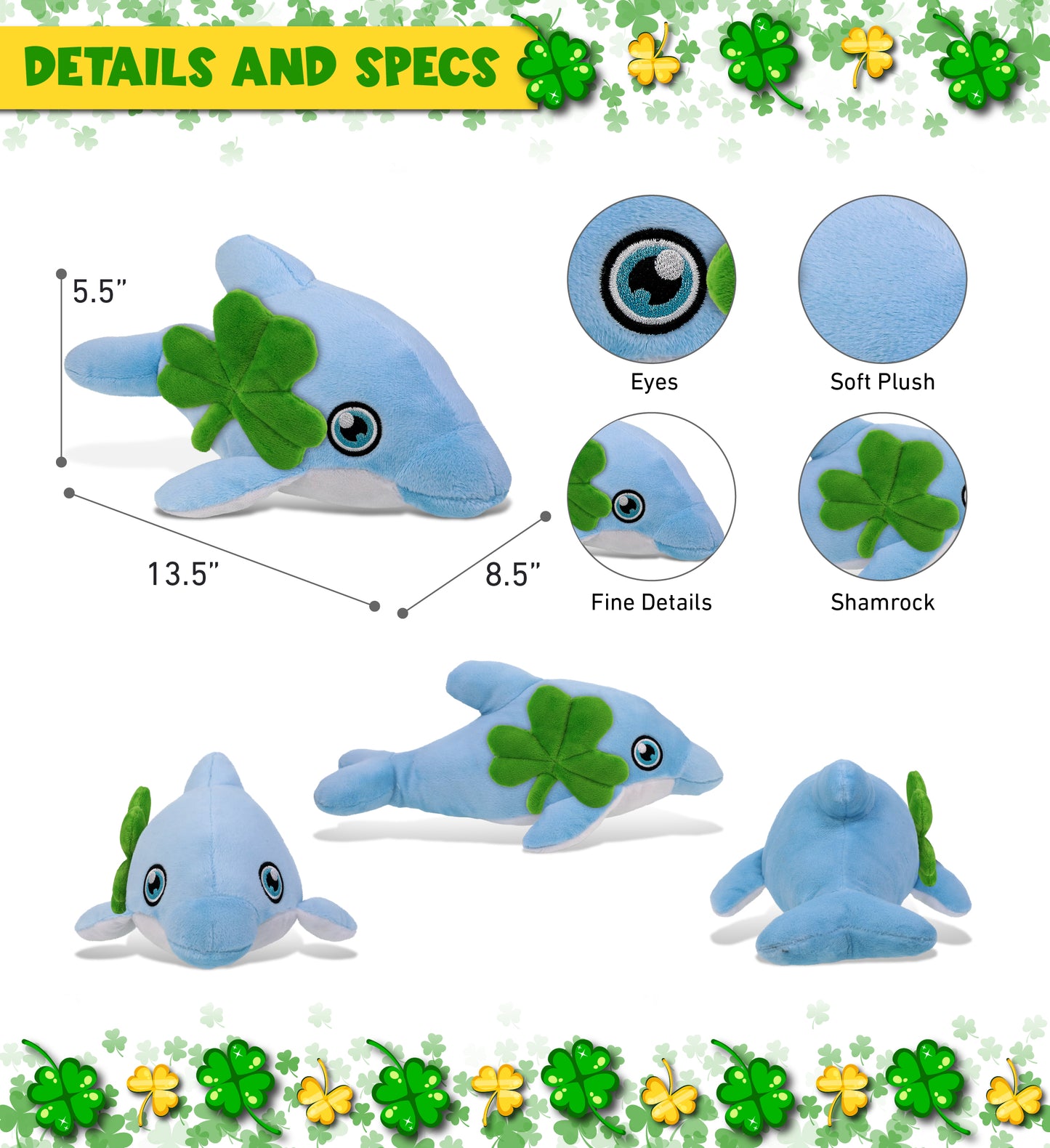 DolliBu Eco-Friendly Dolphin Stuffed Toy with Green Plush Shamrock - 13.5 Inch