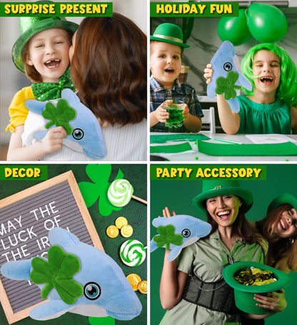 DolliBu Eco-Friendly Dolphin Stuffed Toy with Green Plush Shamrock - 13.5 Inch