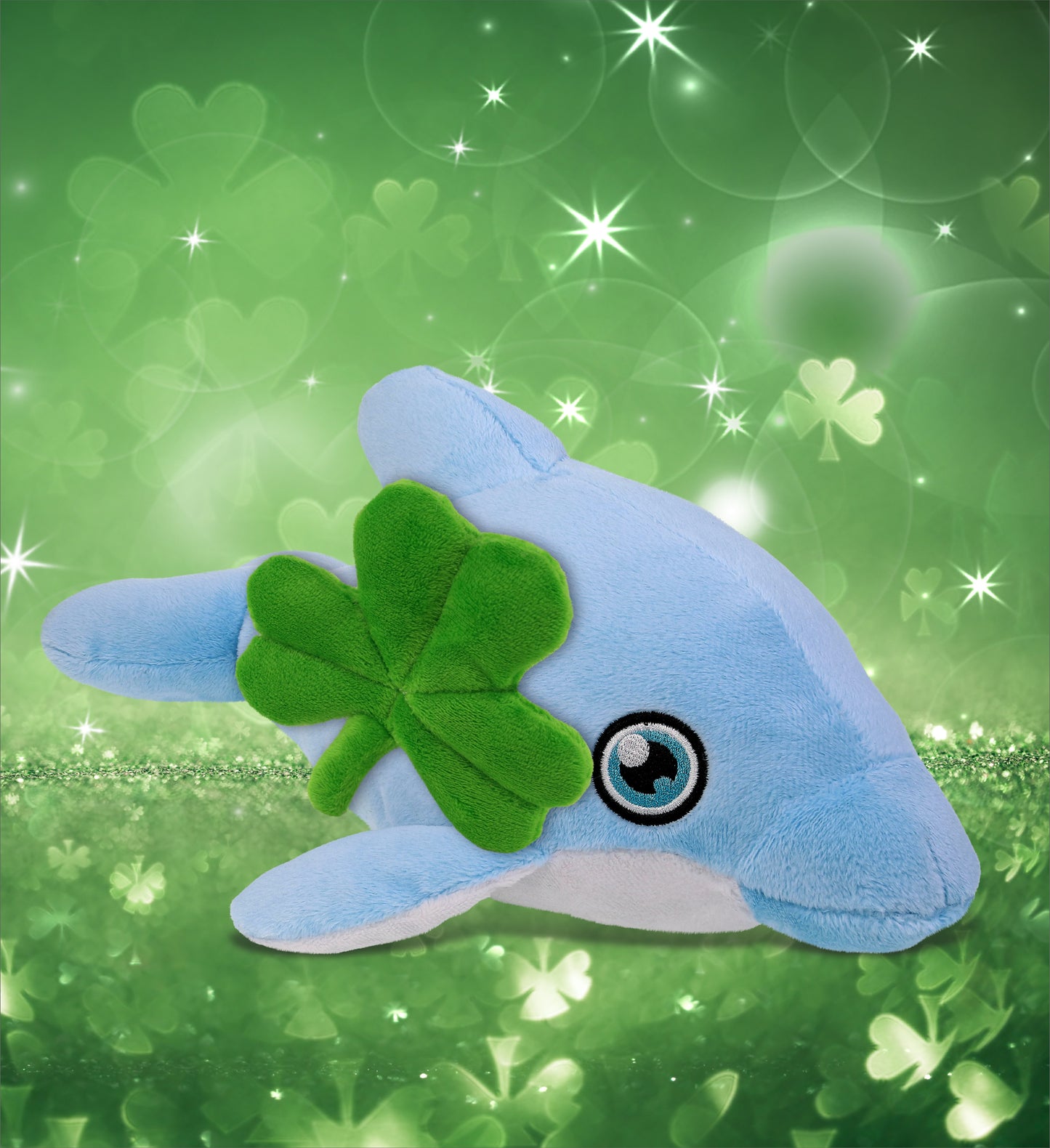 DolliBu Eco-Friendly Dolphin Stuffed Toy with Green Plush Shamrock - 13.5 Inch