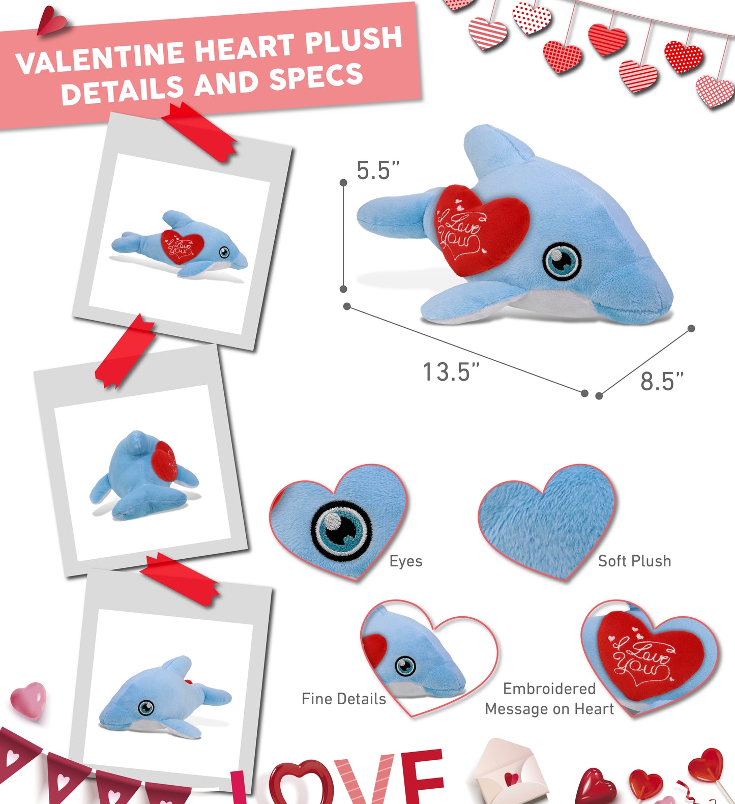 PLUSH I LOVE YOU RED HEART - ECO FRIENDLY SUPER-SOFT PLUSH - DOLPHIN 13.5"