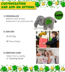 DolliBu Eco-Friendly Elephant Stuffed Animal with Green Plush Shamrock, 14 Inch