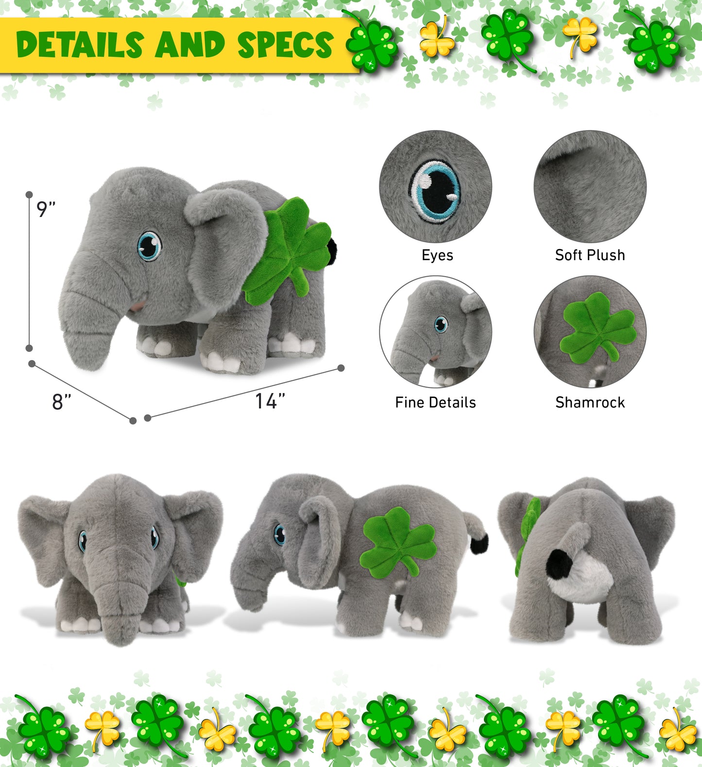 DolliBu Eco-Friendly Elephant Stuffed Animal with Green Plush Shamrock, 14 Inch