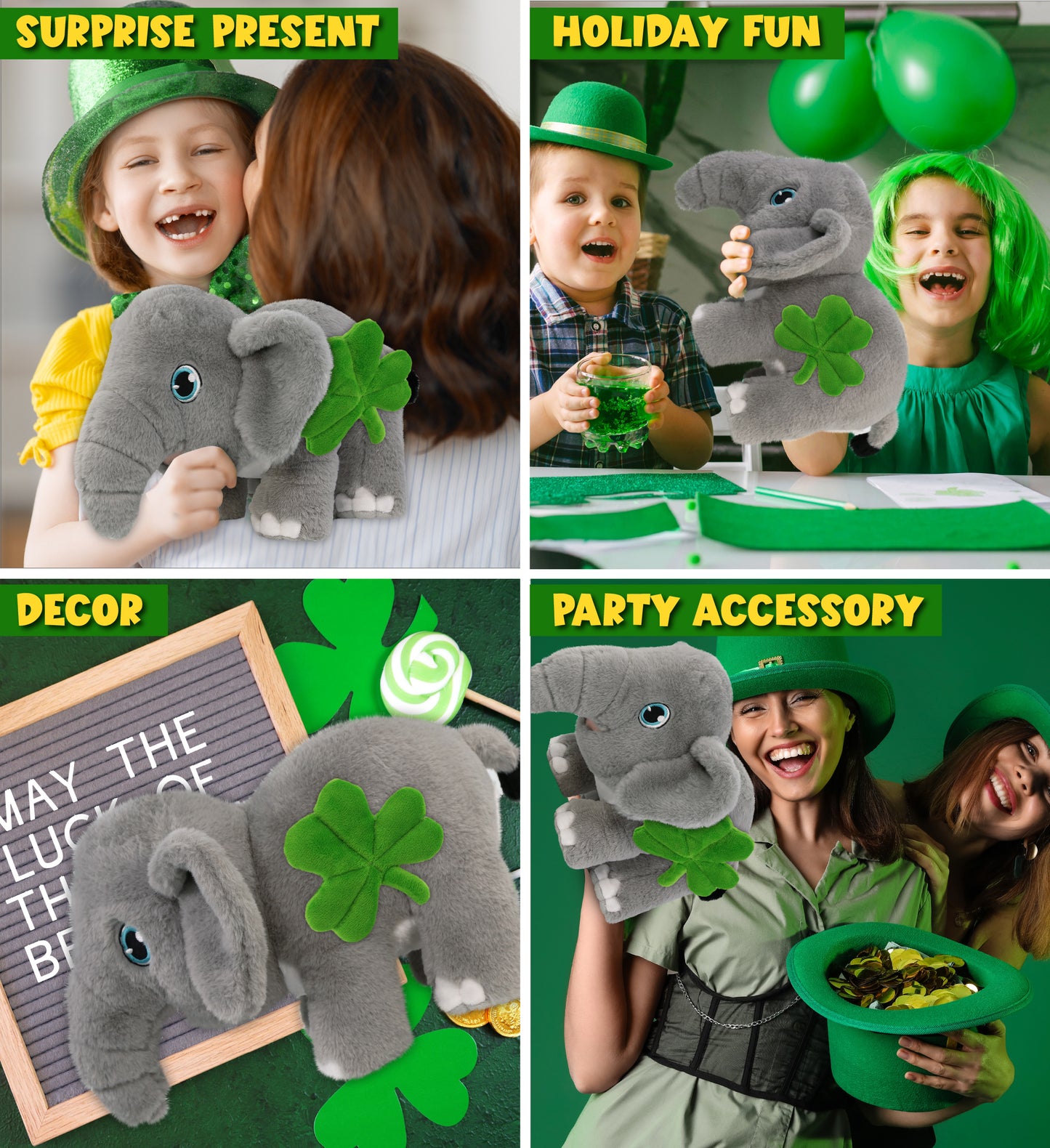DolliBu Eco-Friendly Elephant Stuffed Animal with Green Plush Shamrock, 14 Inch