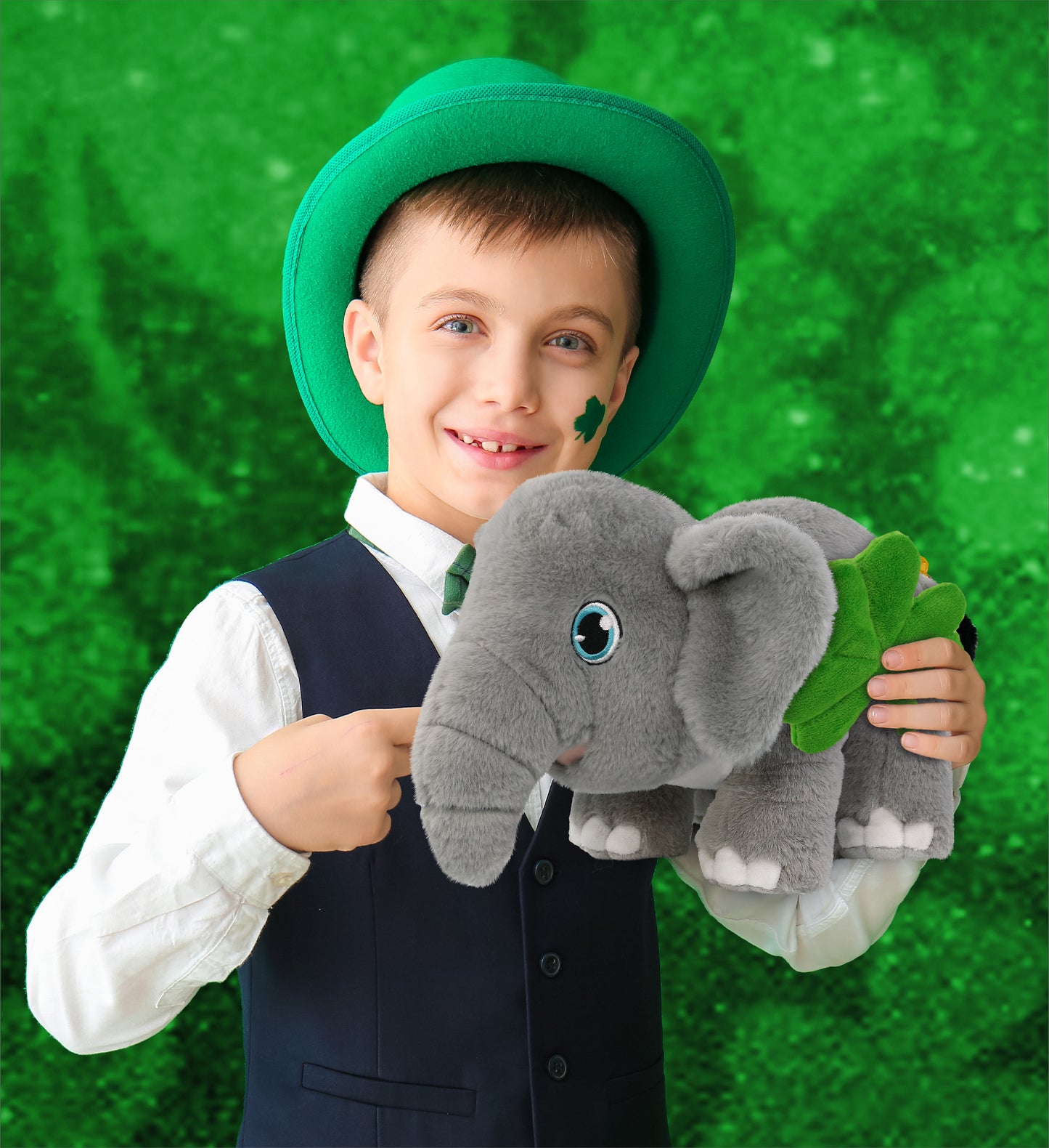 DolliBu Eco-Friendly Elephant Stuffed Animal with Green Plush Shamrock, 14 Inch