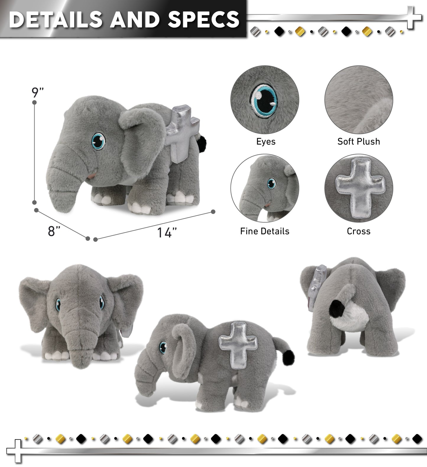 ECO FRIENDLY SUPER-SOFT PLUSH - ELEPHANT 14" With Cross Plush