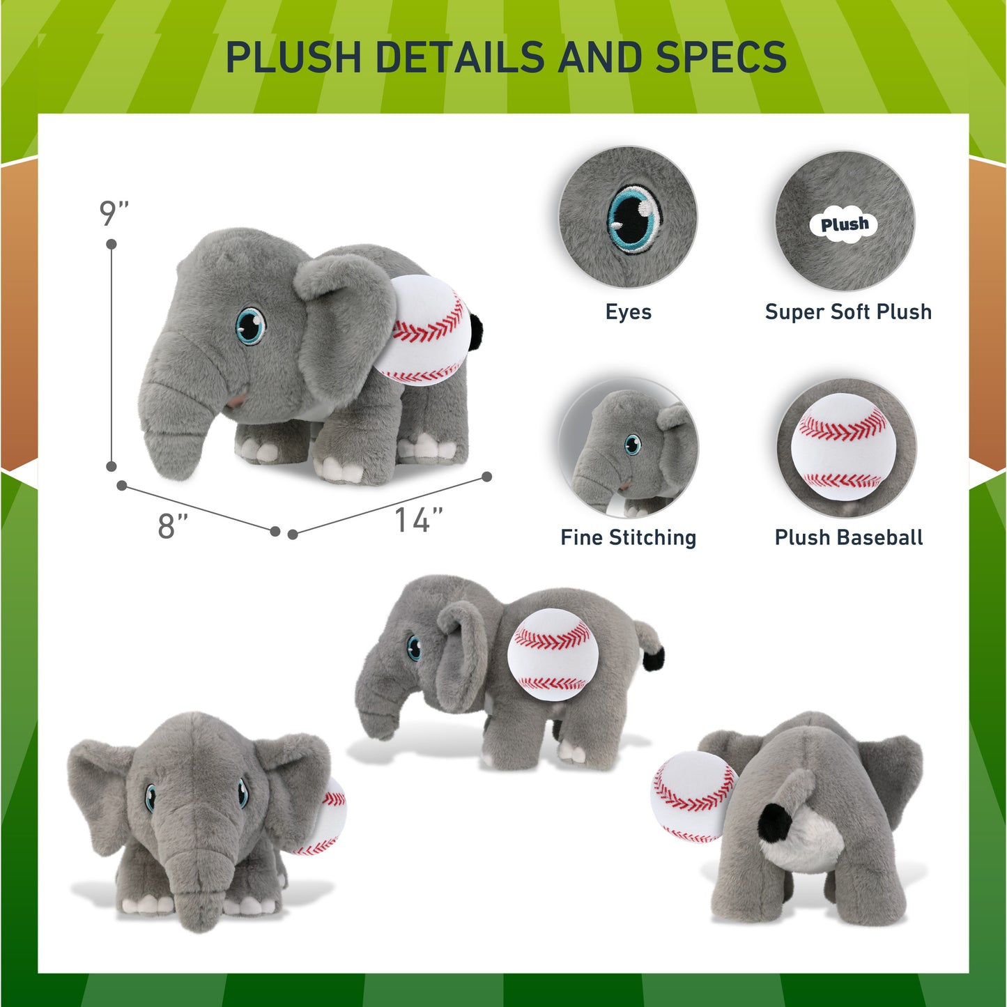 ECO FRIENDLY SUPER-SOFT PLUSH - ELEPHANT 14" With Baseball Plush