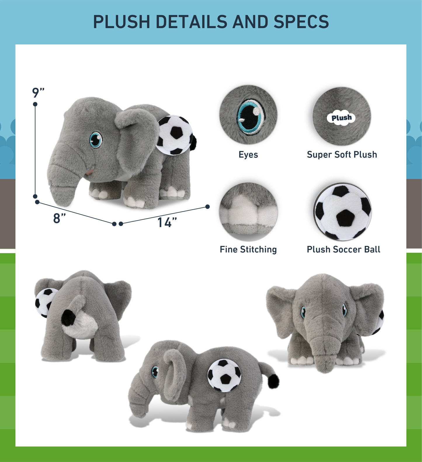 ECO FRIENDLY SUPER-SOFT PLUSH - ELEPHANT 14" With Soccer Plush