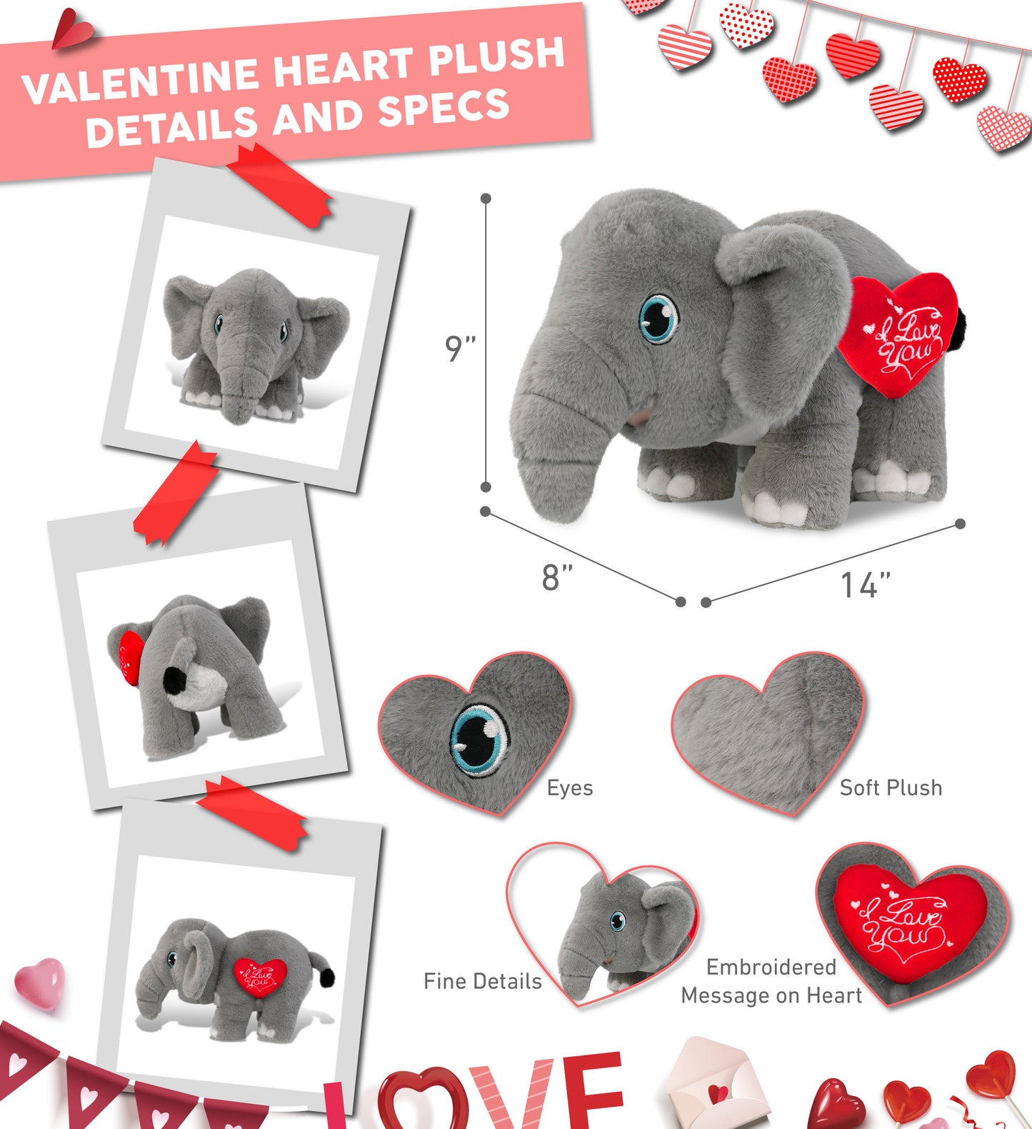 PLUSH I LOVE YOU RED HEART - ECO FRIENDLY SUPER-SOFT PLUSH - ELEPHANT 14"