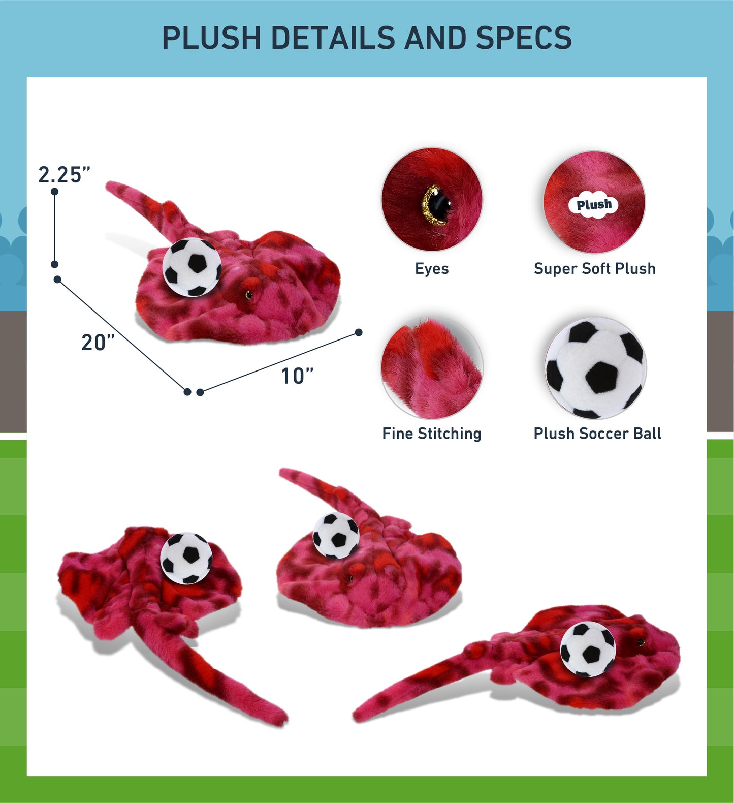 SUPER-SOFT PLUSH - PINK TIE-DYE STINGRAY 20" with Soccer Plush