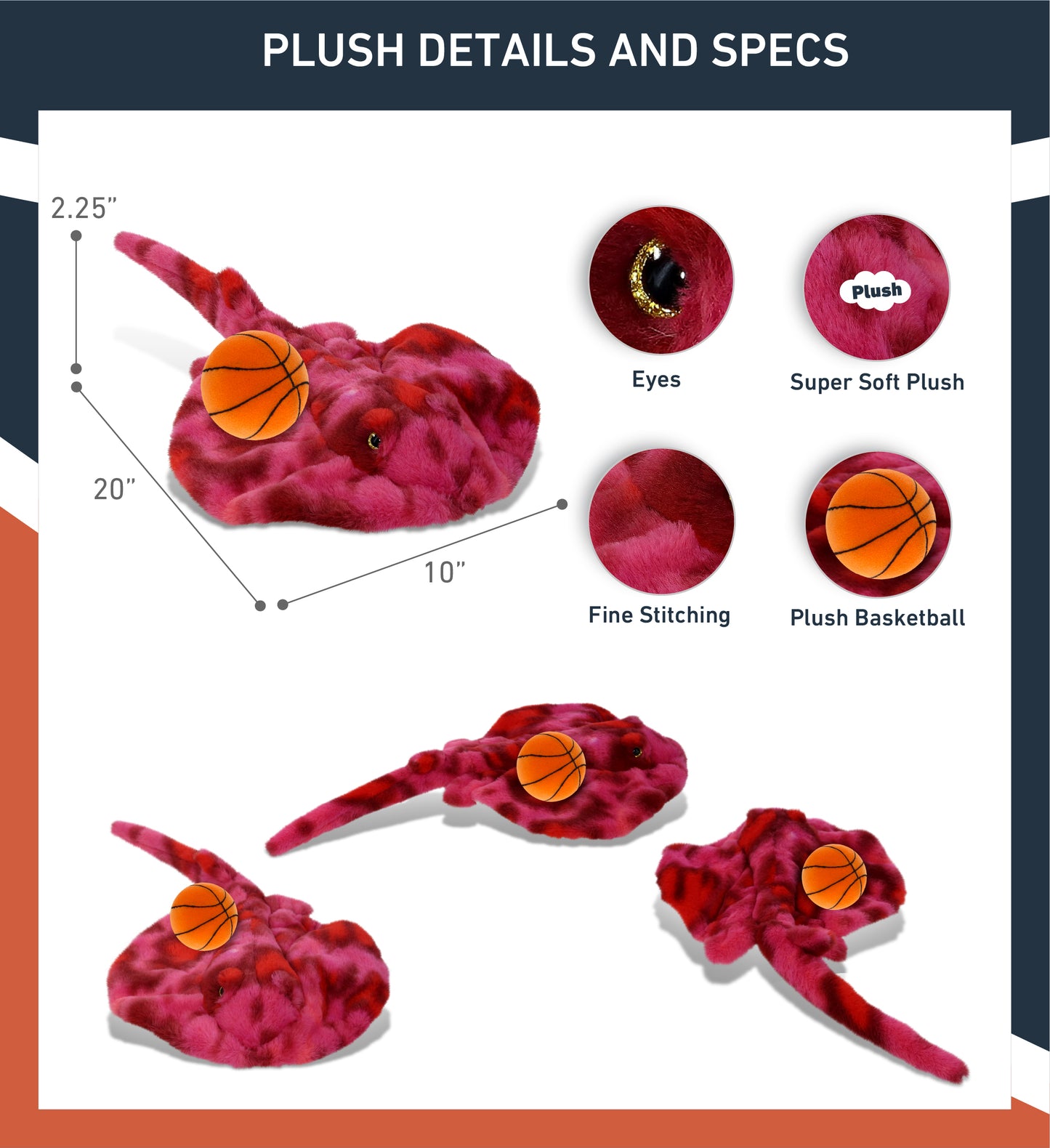 SUPER-SOFT PLUSH - PINK TIE-DYE STINGRAY 20" with Basketball Plush