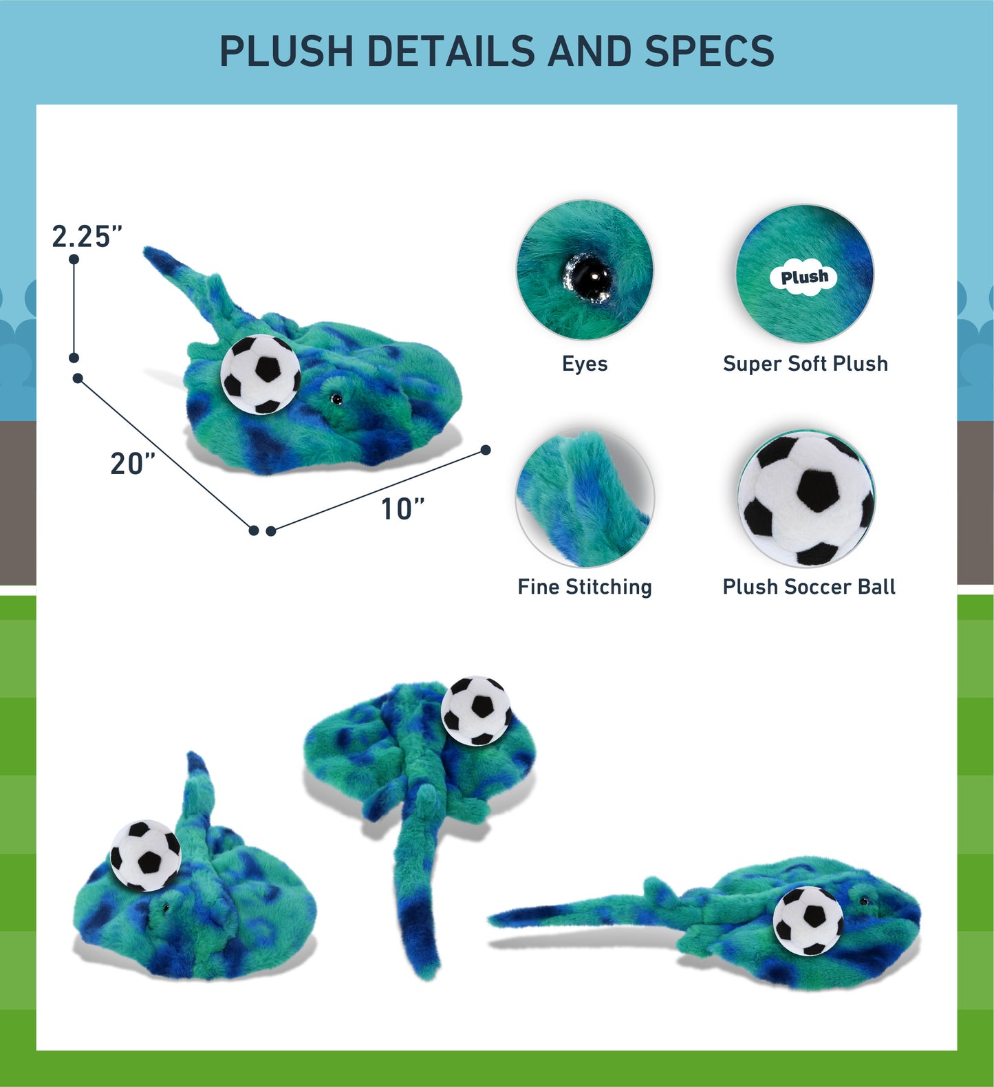 SUPER-SOFT PLUSH - BLUE TIE-DYE STINGRAY 20" with Soccer Plush