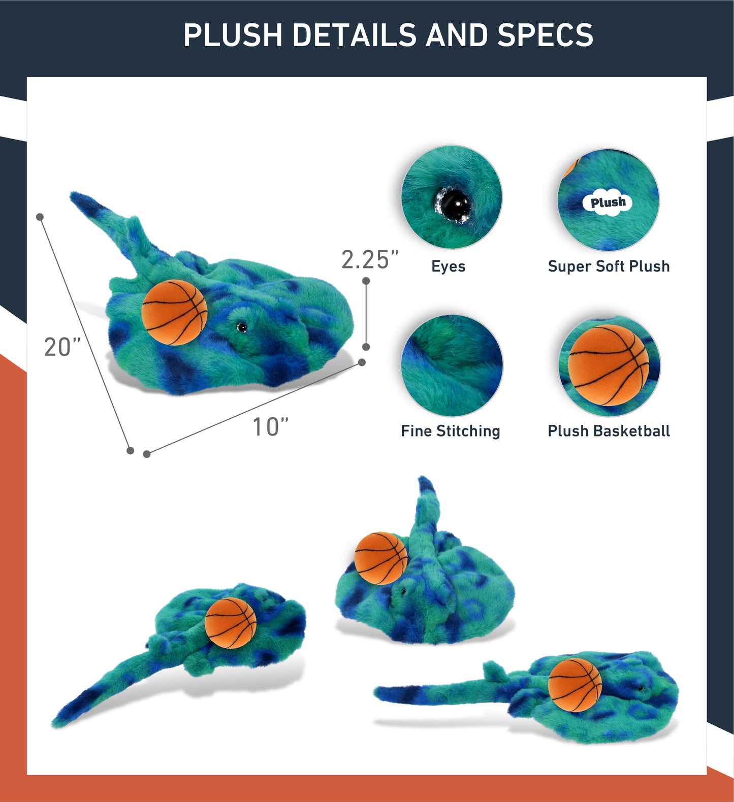 SUPER-SOFT PLUSH - BLUE TIE-DYE STINGRAY 20" with Basketball Plush