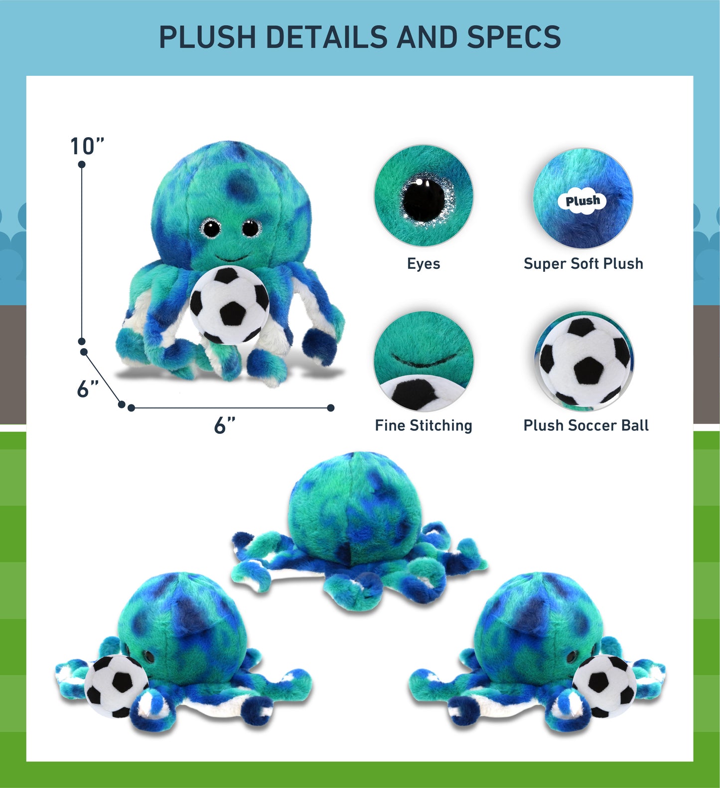SUPER-SOFT PLUSH - BLUE TIE-DYE OCTOPUS 10" with Soccer Plush