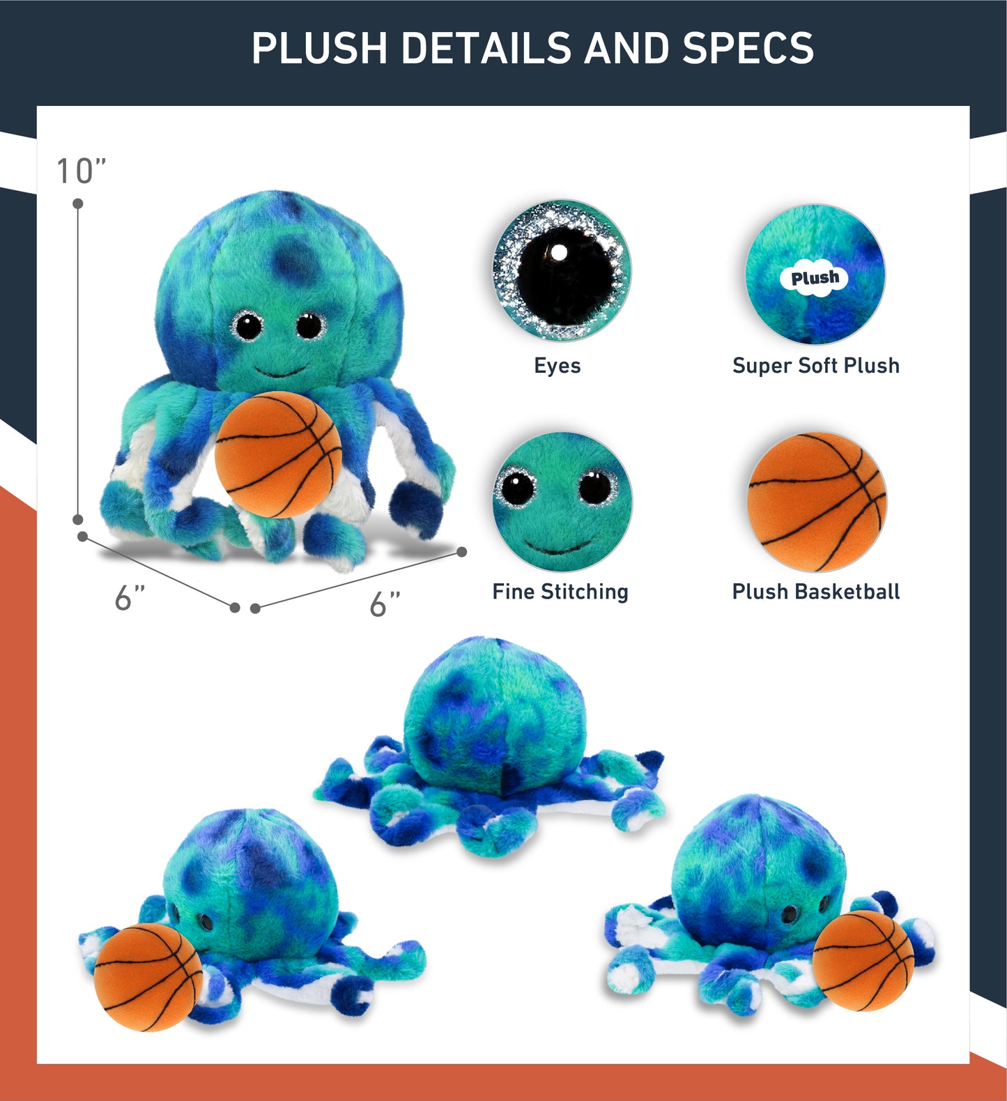 SUPER-SOFT PLUSH - BLUE TIE-DYE OCTOPUS 10" with Basketball Plush
