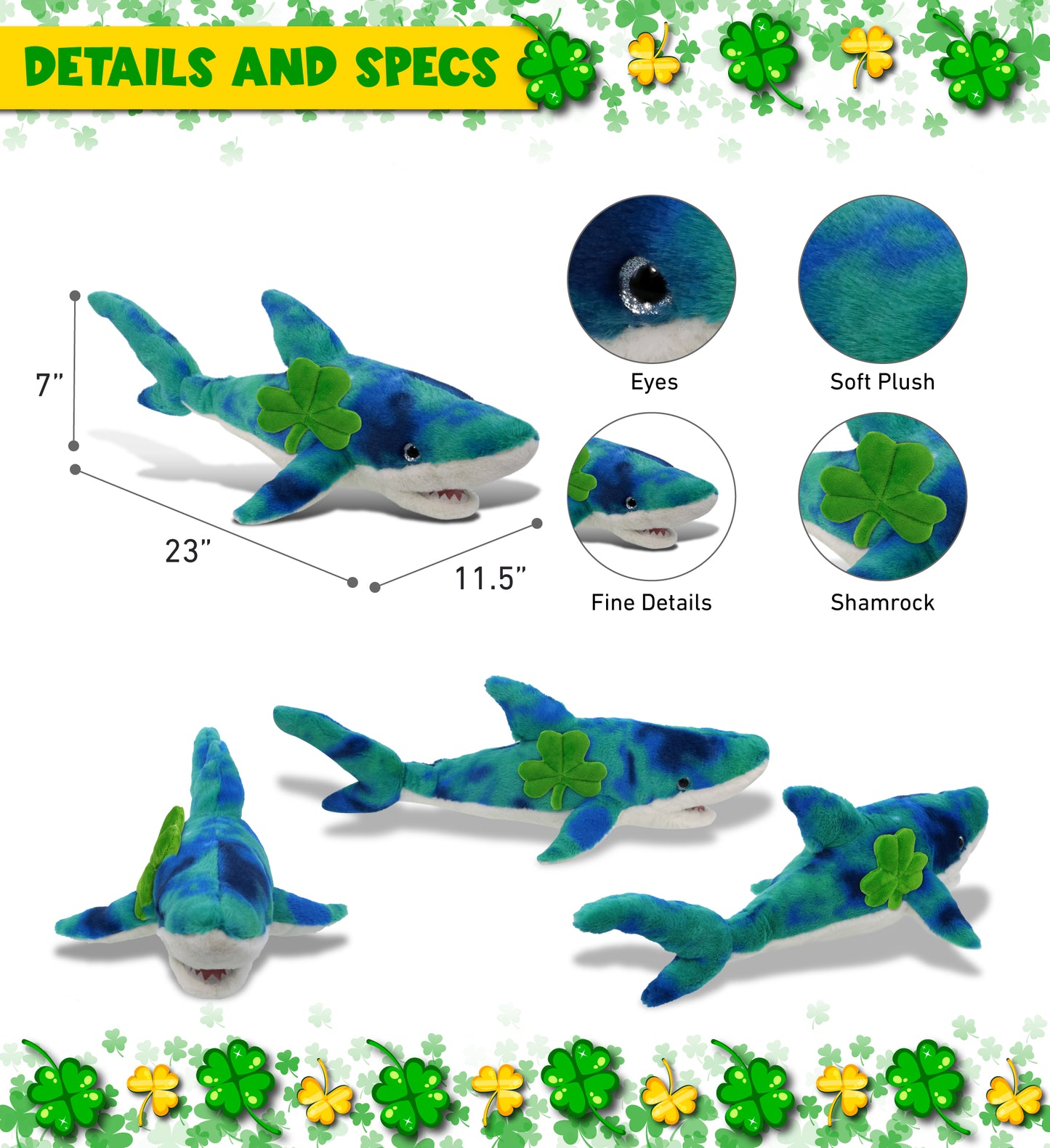 DolliBu Blue Tie-Dye Shark Stuffed Animal with Green Plush Shamrock - 23 Inches