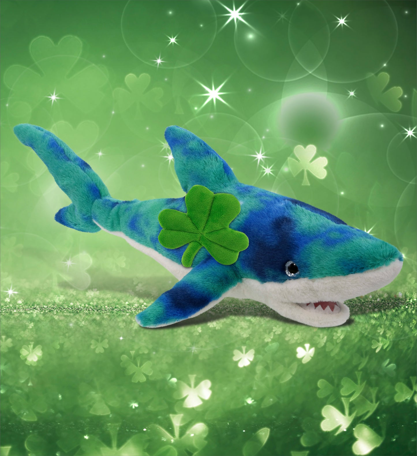DolliBu Blue Tie-Dye Shark Stuffed Animal with Green Plush Shamrock - 23 Inches