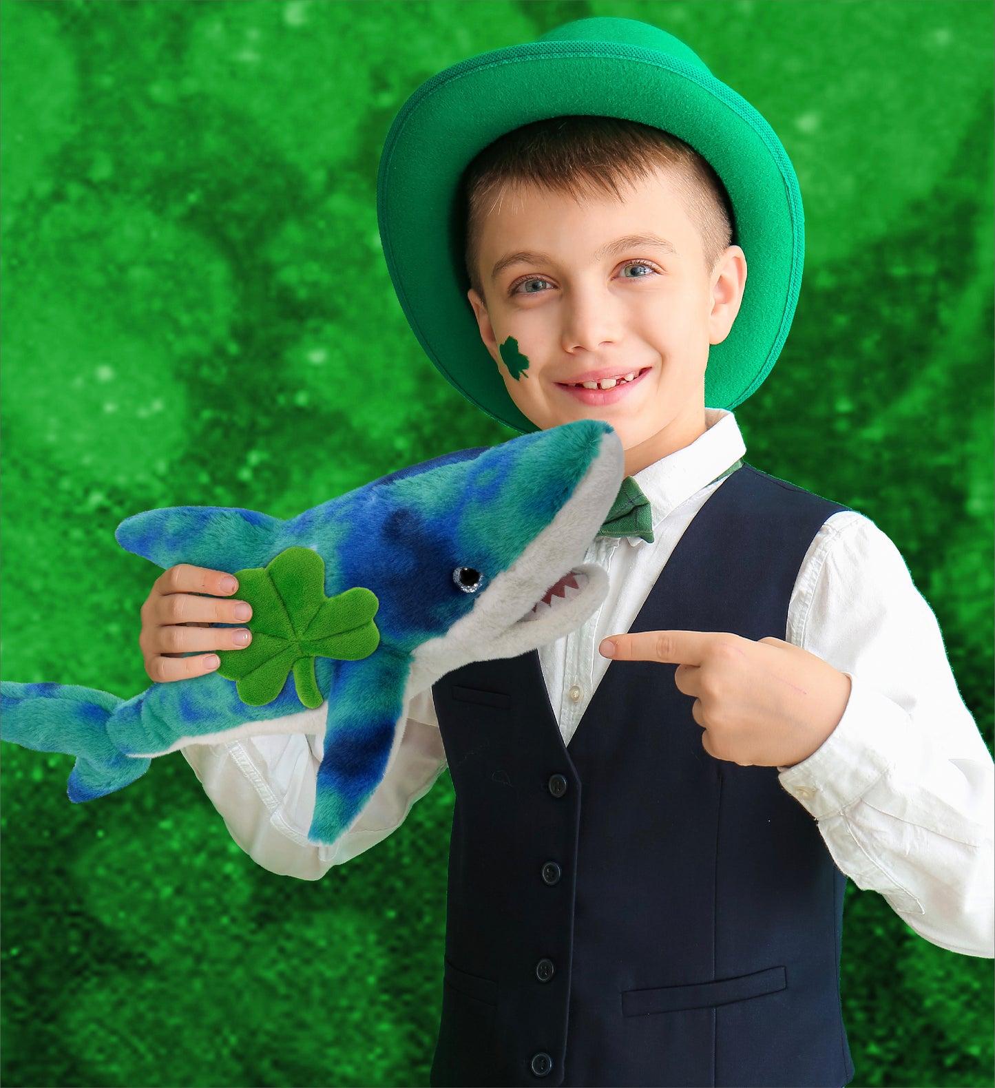 DolliBu Blue Tie-Dye Shark Stuffed Animal with Green Plush Shamrock - 23 Inches