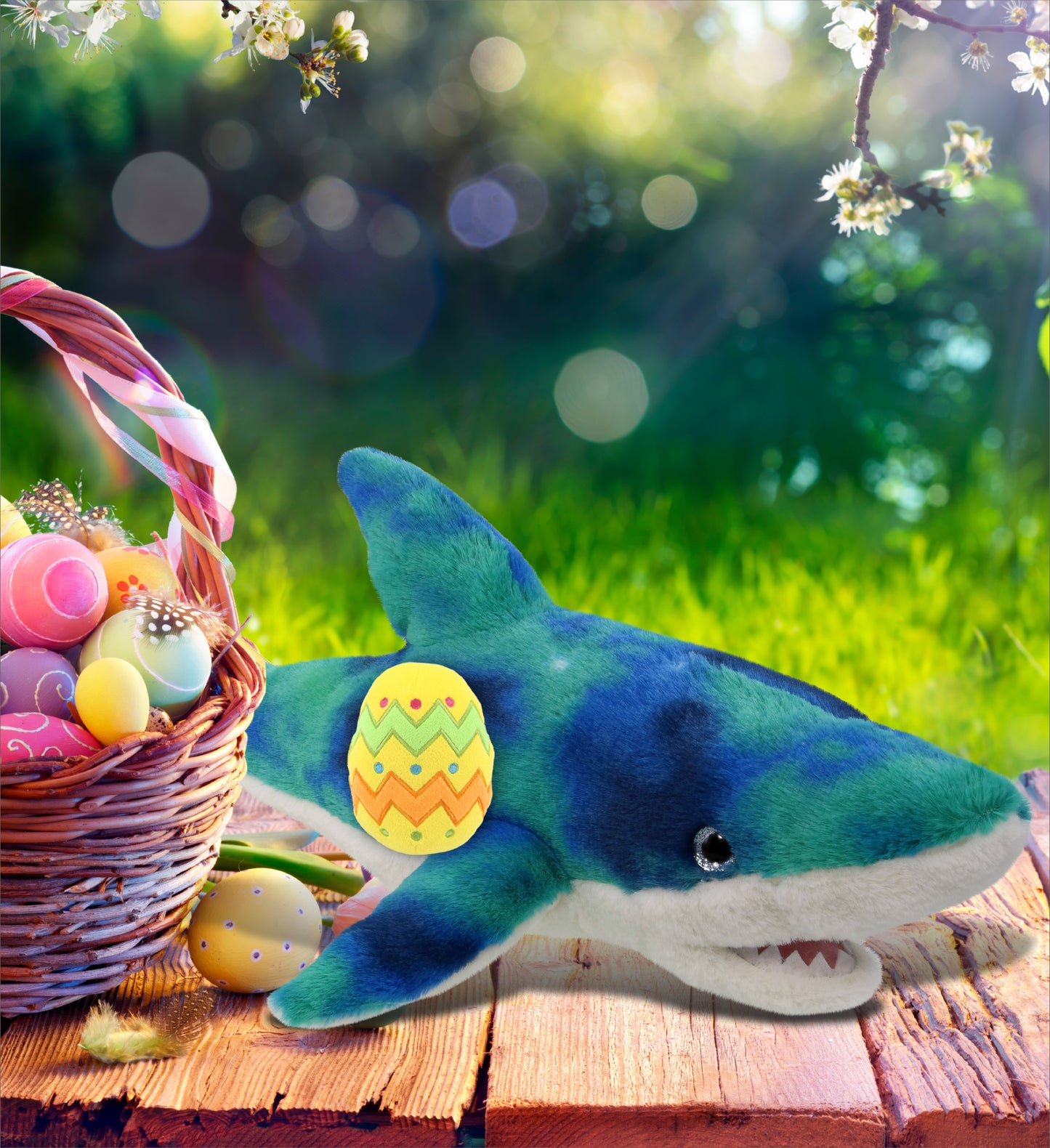 DolliBu Super Soft Blue Tie-Dye Shark with Yellow Easter Egg Plush - 23 Inches