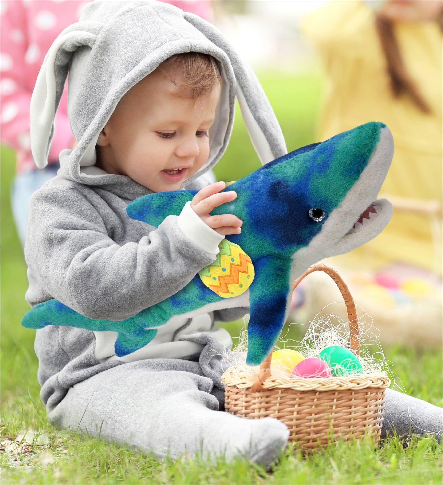 DolliBu Super Soft Blue Tie-Dye Shark with Yellow Easter Egg Plush - 23 Inches