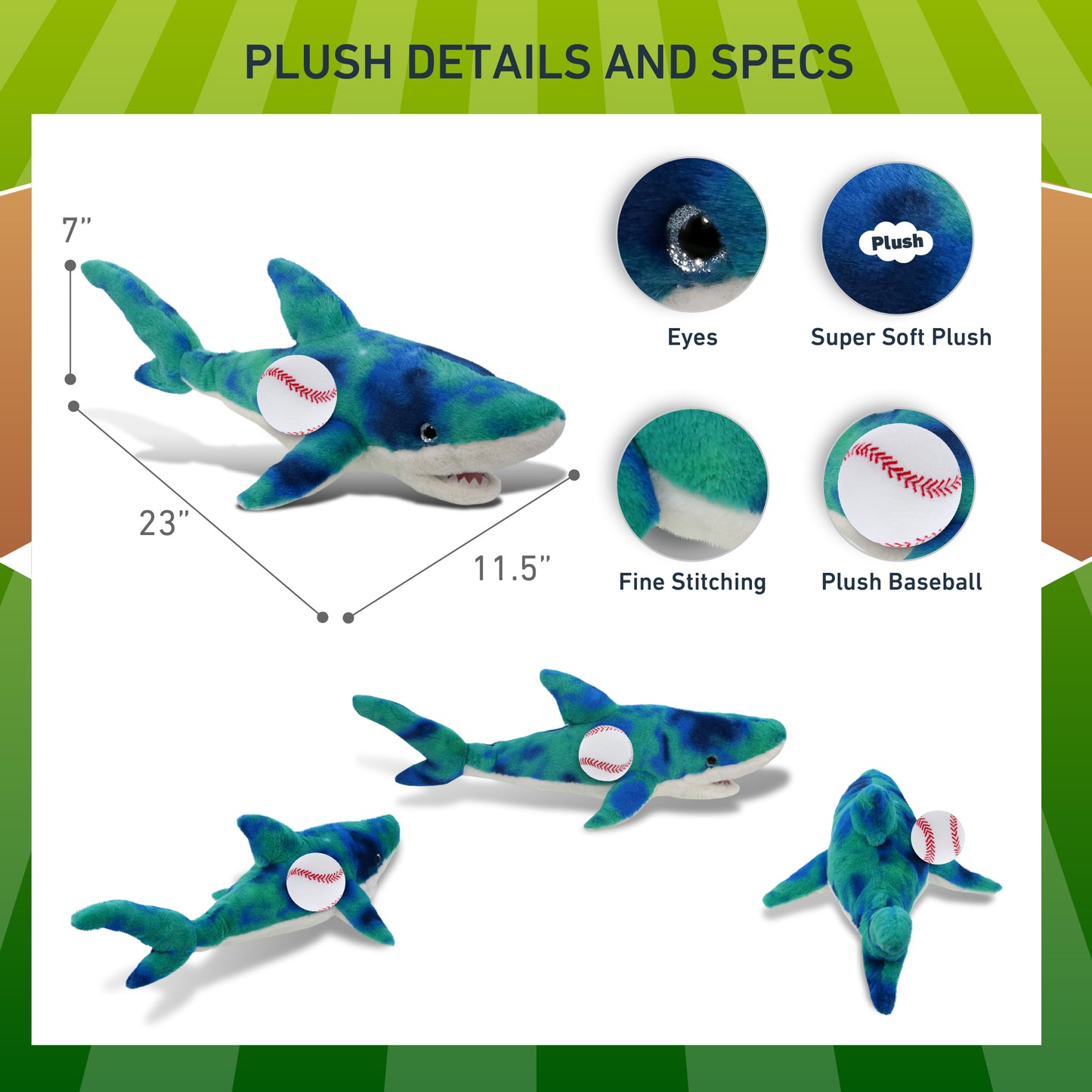 SUPER-SOFT PLUSH - BLUE TIE-DYE SHARK 23" WITH BASEBALL PLUSH