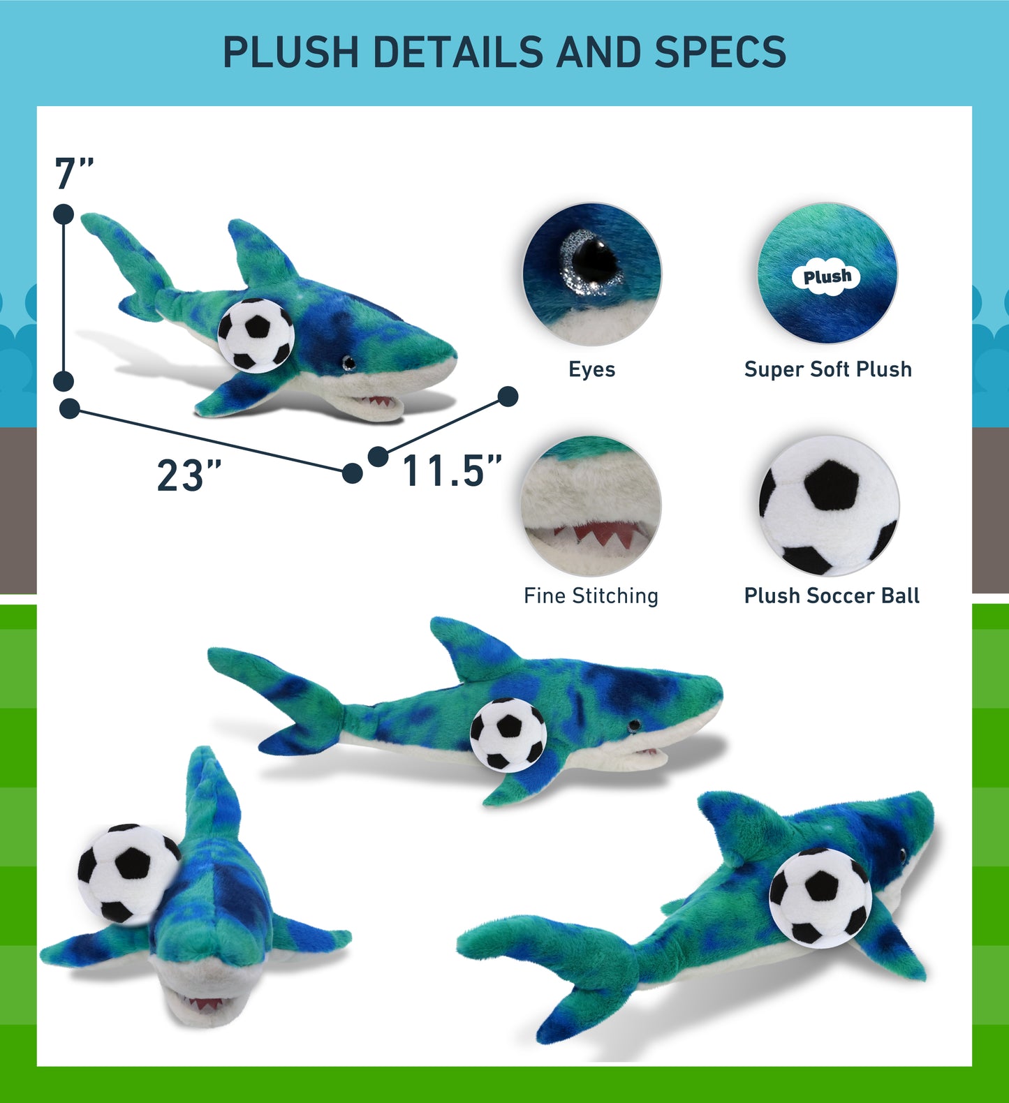 SUPER-SOFT PLUSH - BLUE TIE-DYE SHARK 23" WITH SOCCER PLUSH