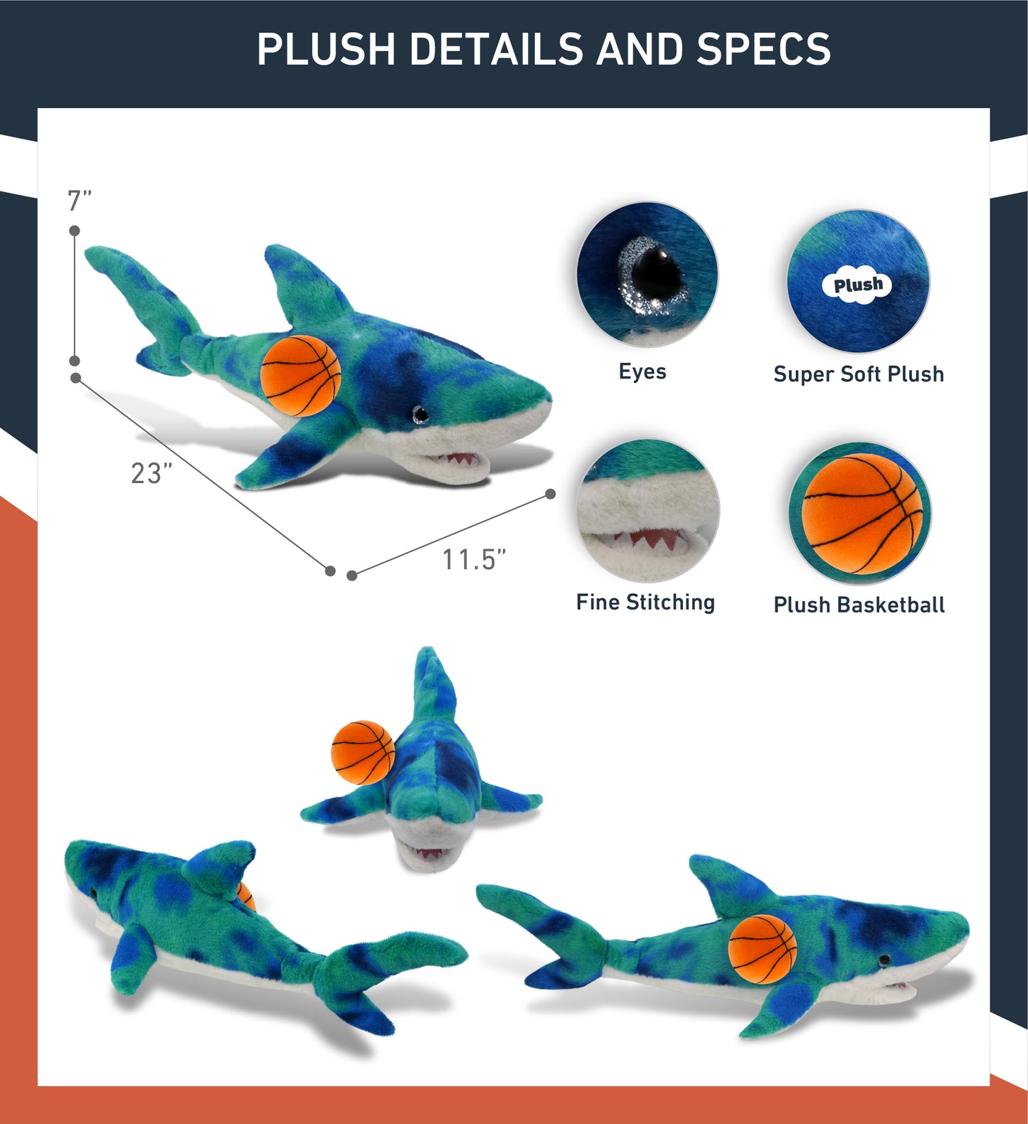 SUPER-SOFT PLUSH - BLUE TIE-DYE SHARK 23" WITH BASKETBALL PLUSH
