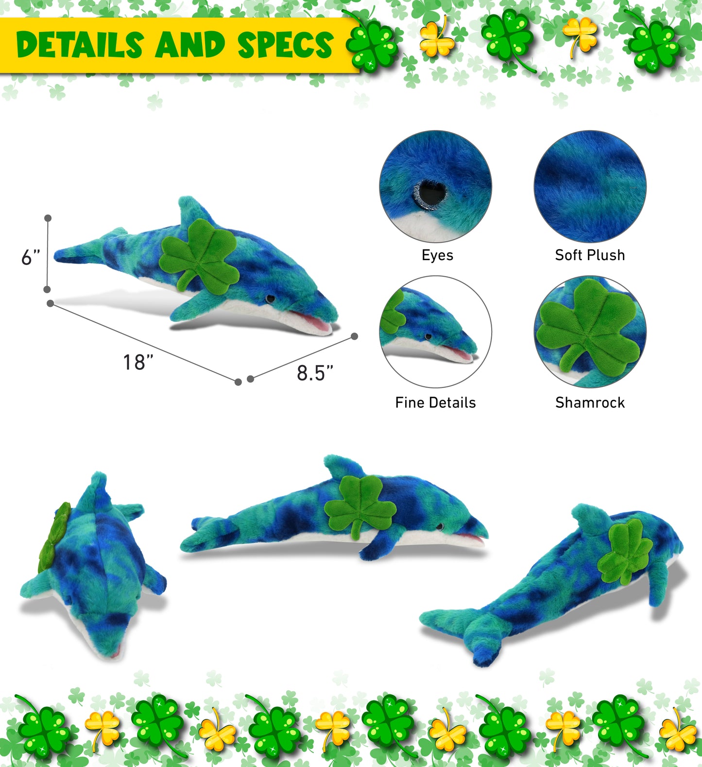 DolliBu Blue Tie-Dye Dolphin Stuffed Animal with Green Plush Shamrock - 18 Inch
