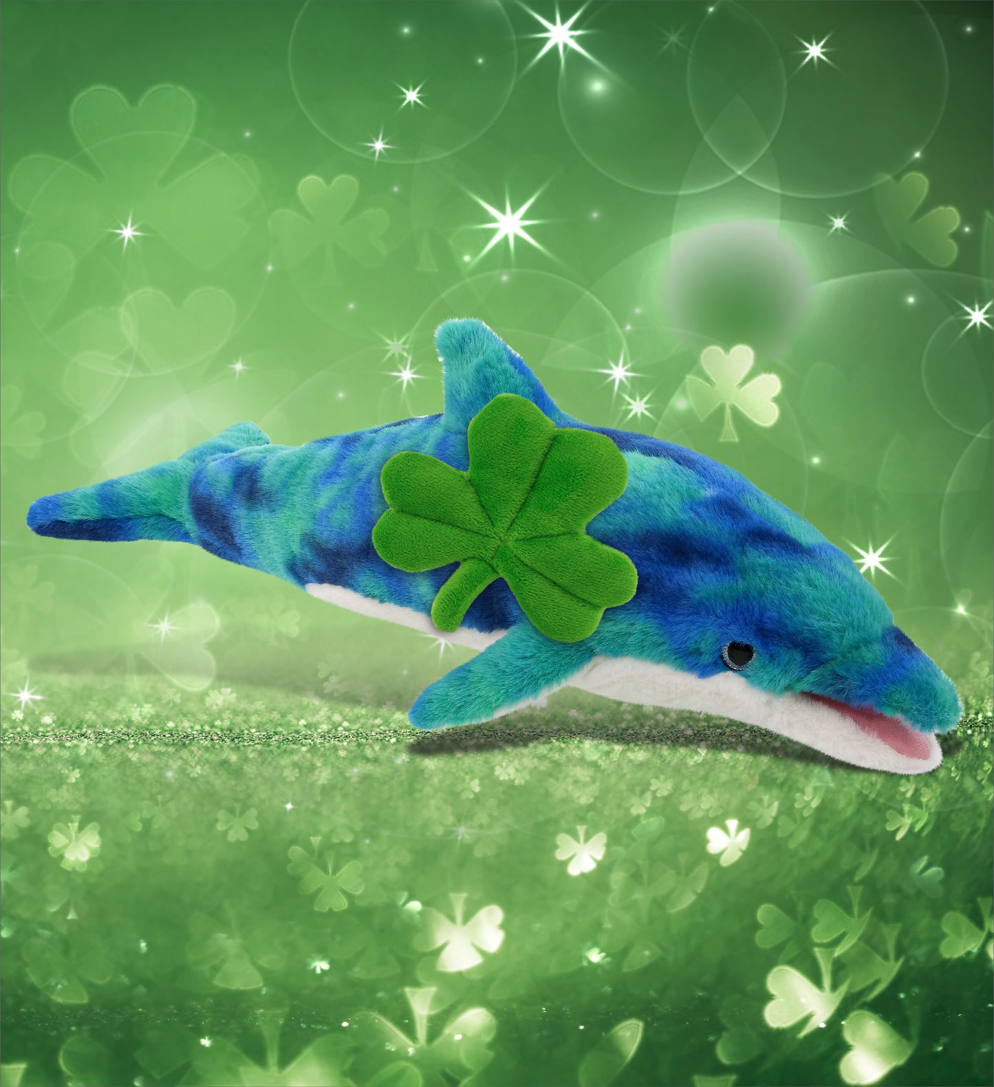 DolliBu Blue Tie-Dye Dolphin Stuffed Animal with Green Plush Shamrock - 18 Inch